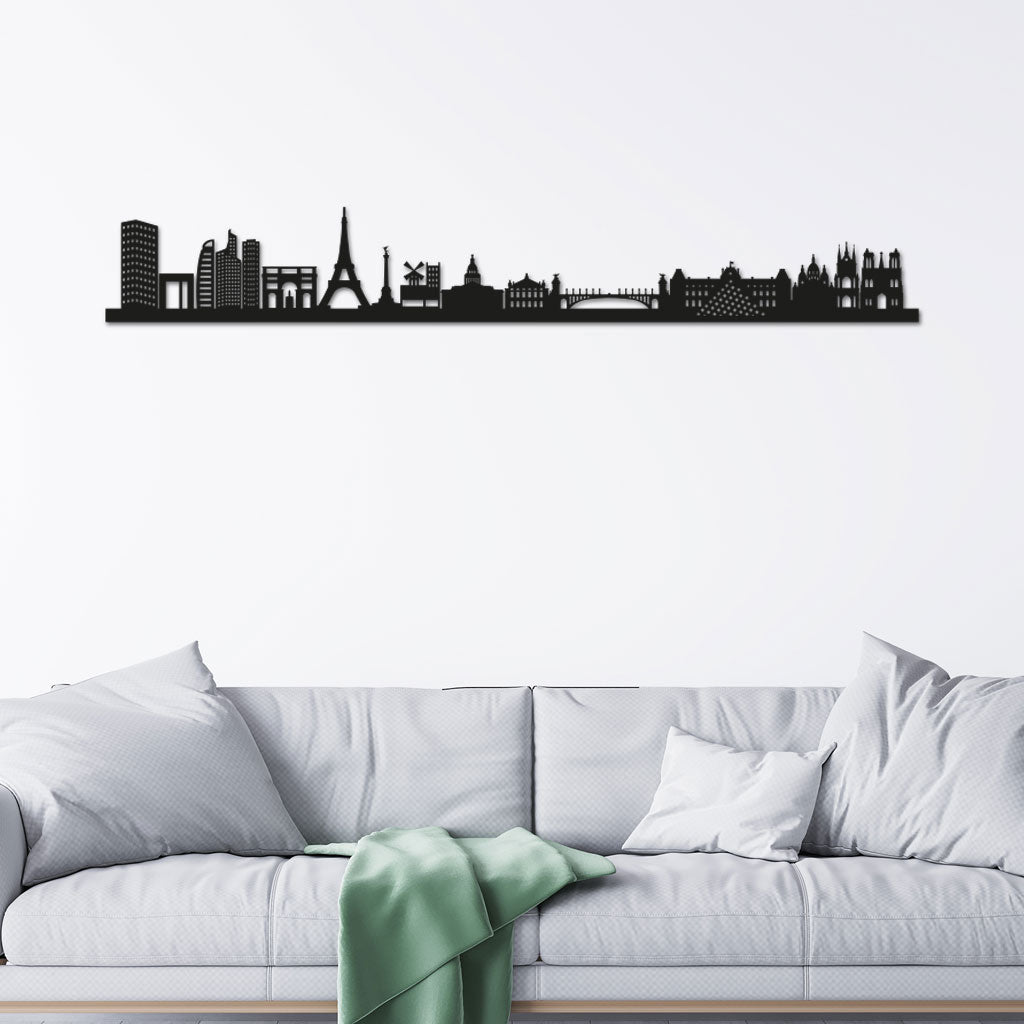 Paris Skyline laser-cut in Matte Black reclycled acrylic on Seating Room's Wall