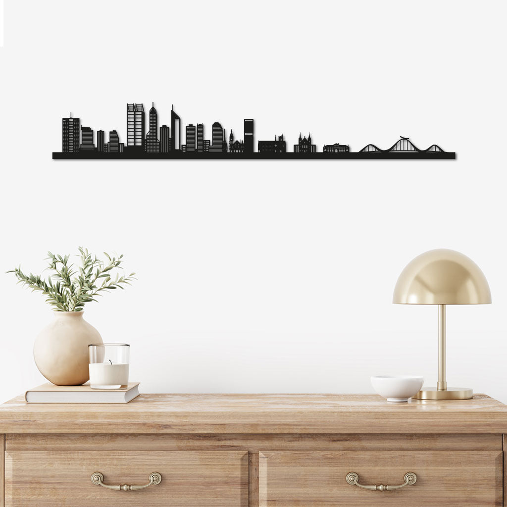 Perth Skyline laser-cut in Matte Black reclycled acrylic on Seating Room's Wall