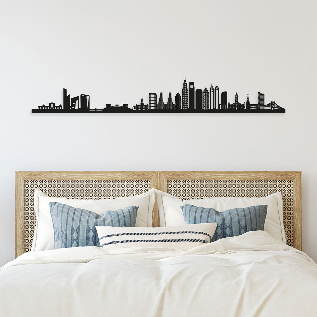 Philadelphia Skyline laser-cut in Matte Black reclycled acrylic on Seating Room's Wall