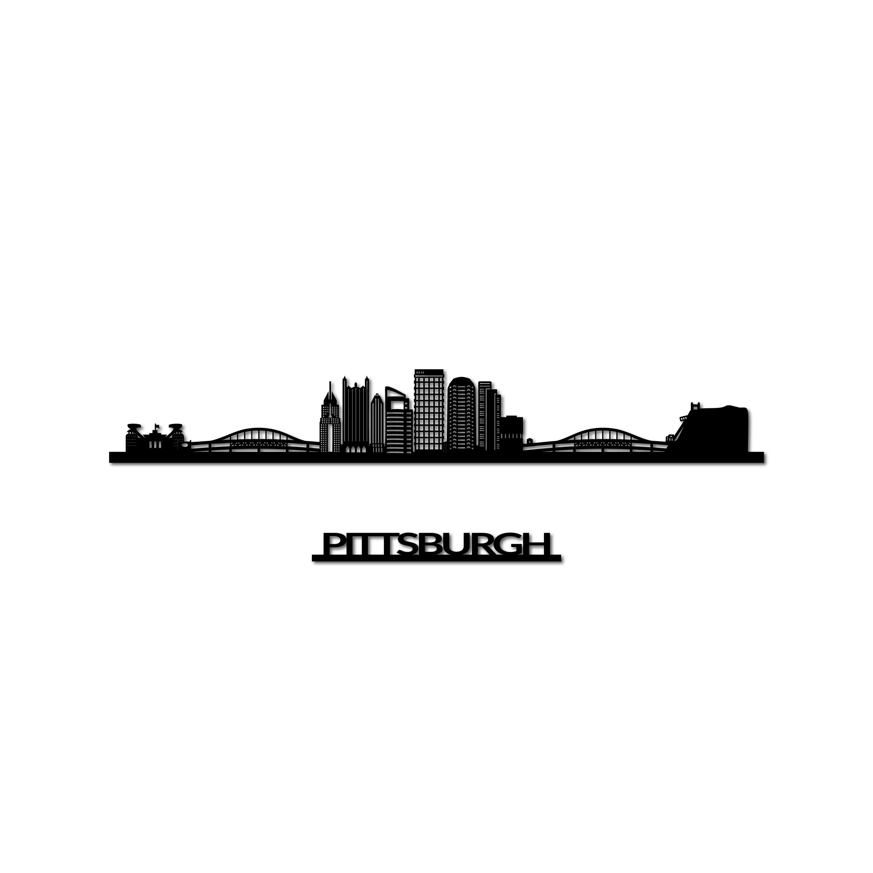 Pittsburgh Skyline, Laser-cut in Matte Black Acrylic, with the City's Name Lettering Bellow, on a White Background