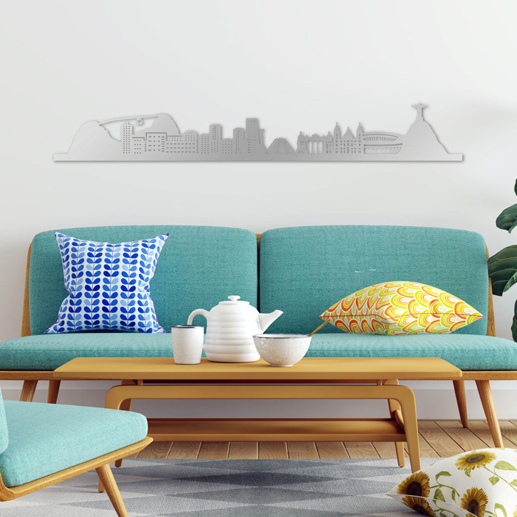 Rio De Janeiro Skyline laser-cut in Silver reclycled acrylic on Seating Room's Wall