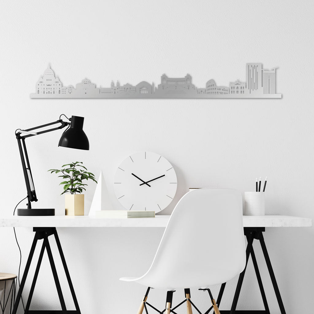 Rome Skyline laser-cut in Silver reclycled acrylic on Seating Room's Wall