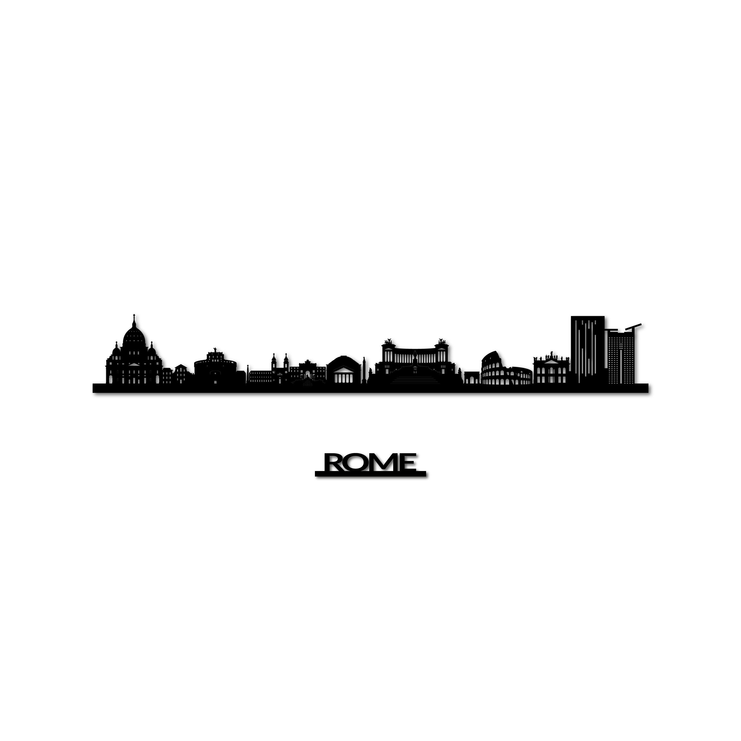 Rome Skyline, Laser-cut in Matte Black Acrylic, with the City's Name Lettering Bellow, on a White Background