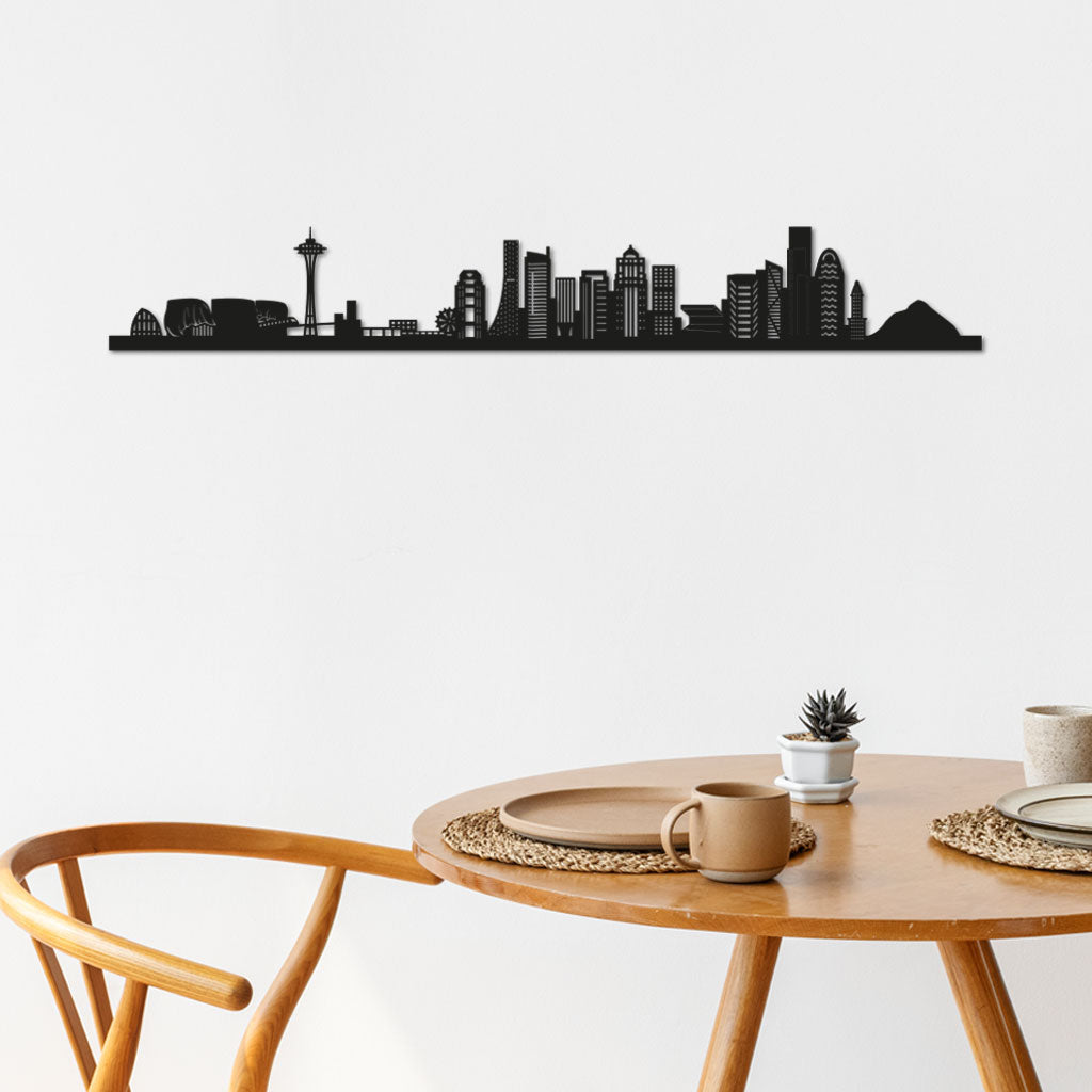 Seattle Skyline laser-cut in Matte Black reclycled acrylic on Seating Room's Wall