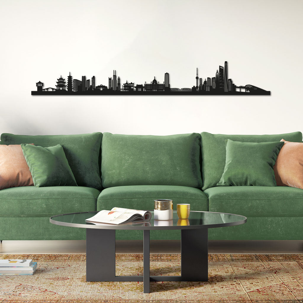 Shanghai Skyline laser-cut in Matte Black reclycled acrylic on Seating Room's Wall