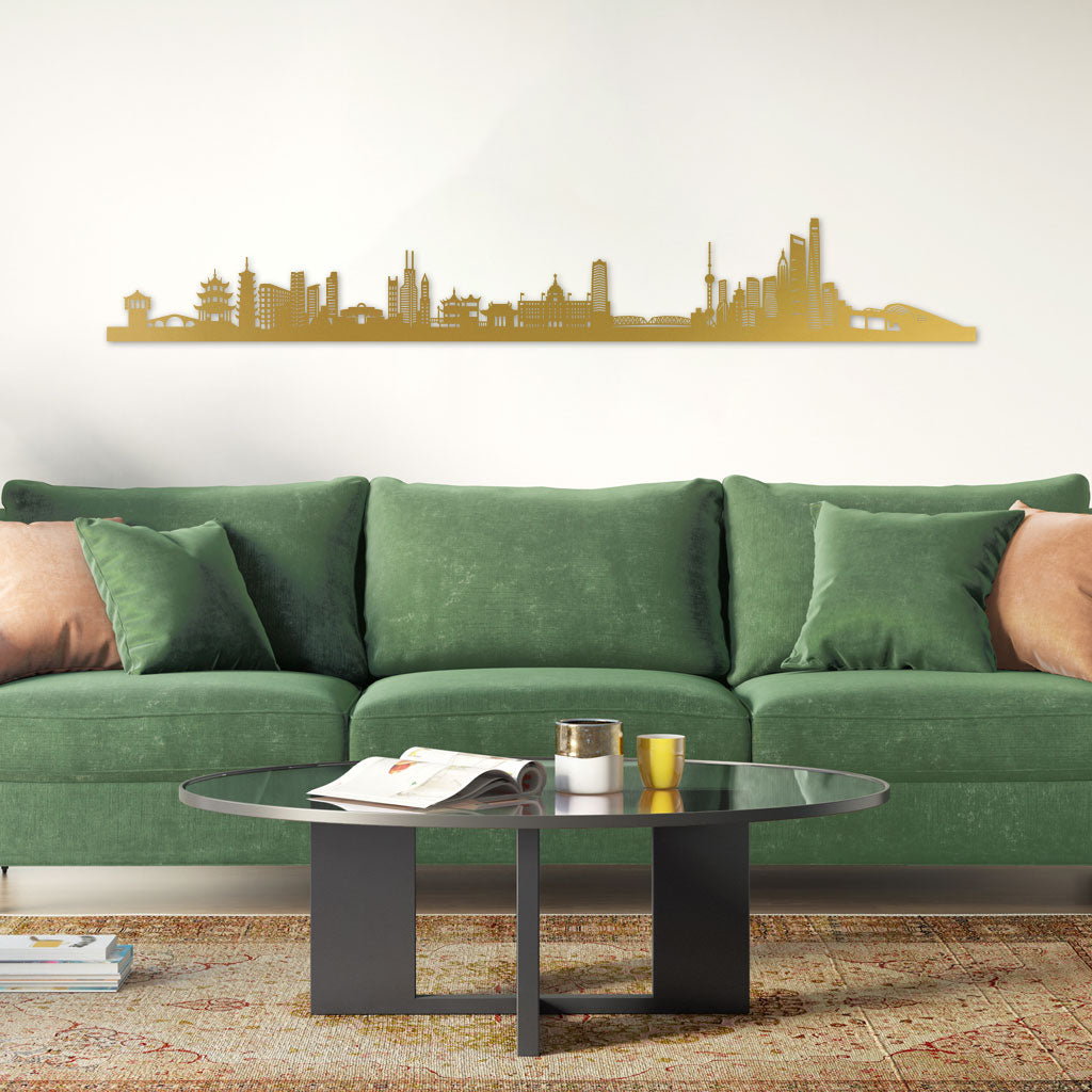 Shanghai Skyline laser-cut in Gold reclycled acrylic on Seating Room's Wall