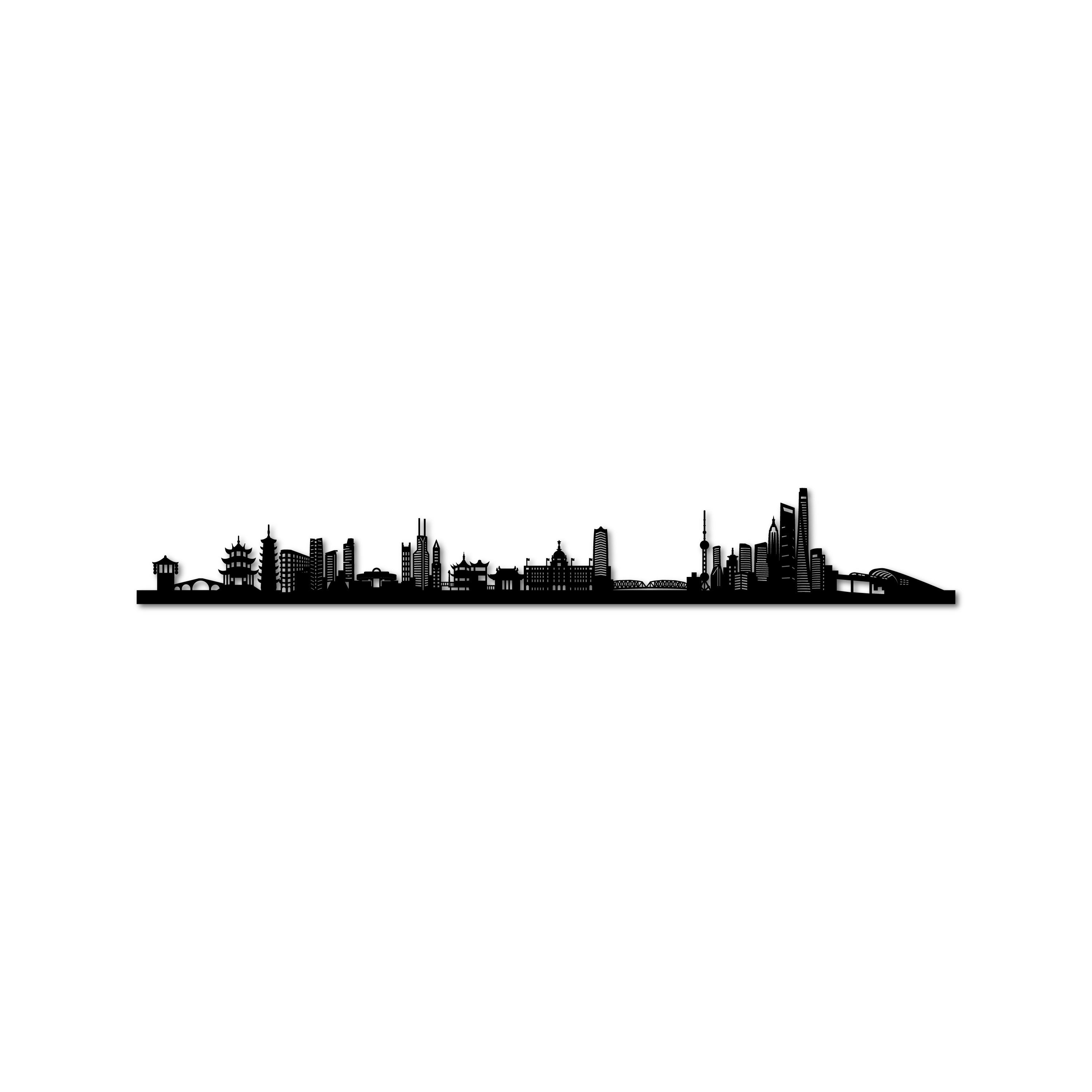 Shanghai Skyline, Laser-cut in Matte Black Acrylic, on a White Background