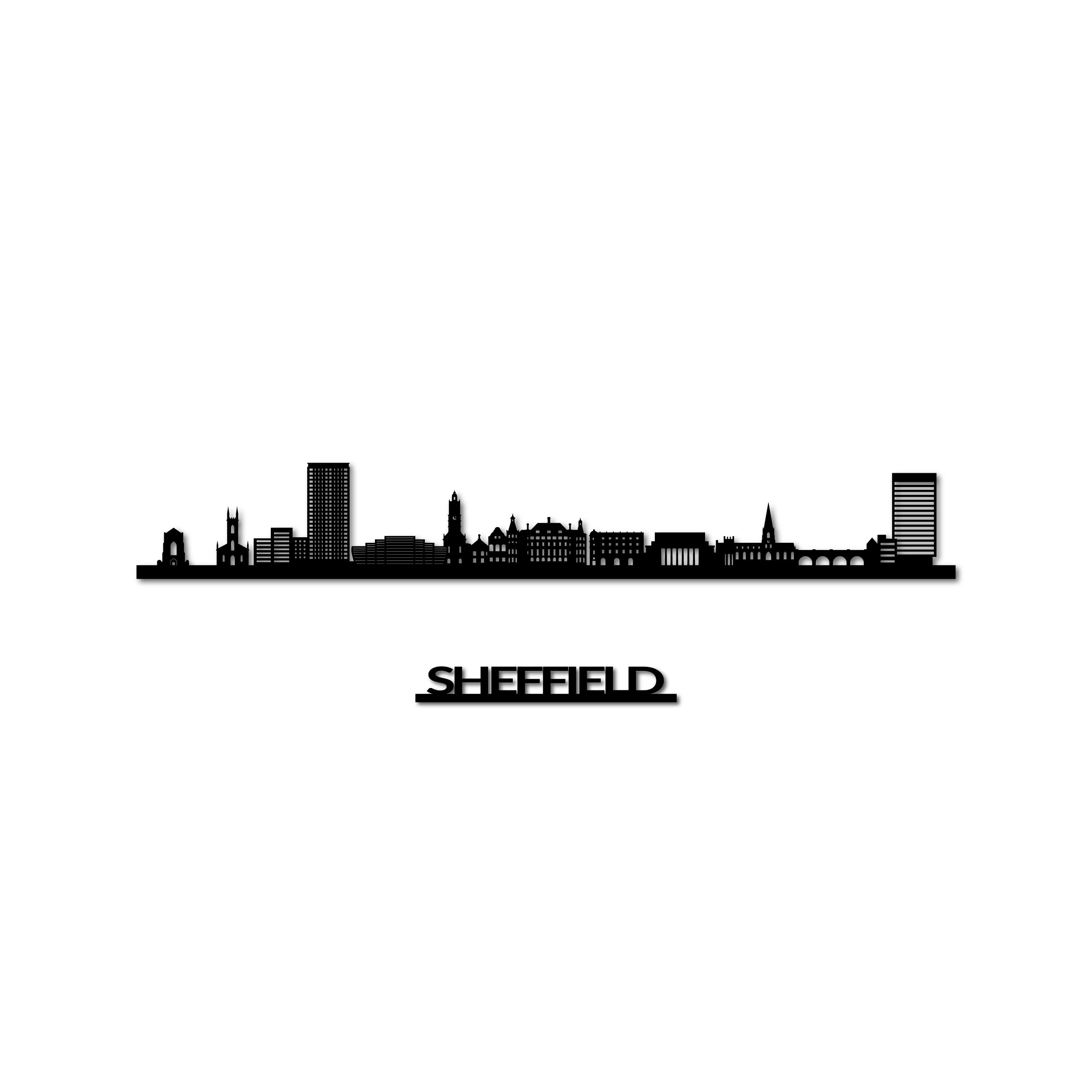 Sheffield Skyline, Laser-cut in Matte Black Acrylic, with the City's Name Lettering Bellow, on a White Background