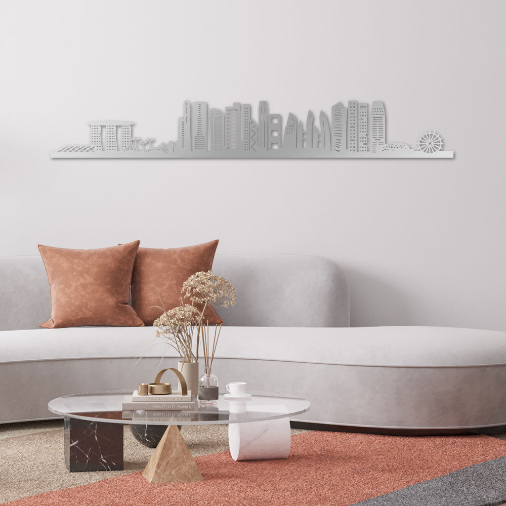 Singapore Skyline laser-cut in Silver reclycled acrylic on Seating Room's Wall