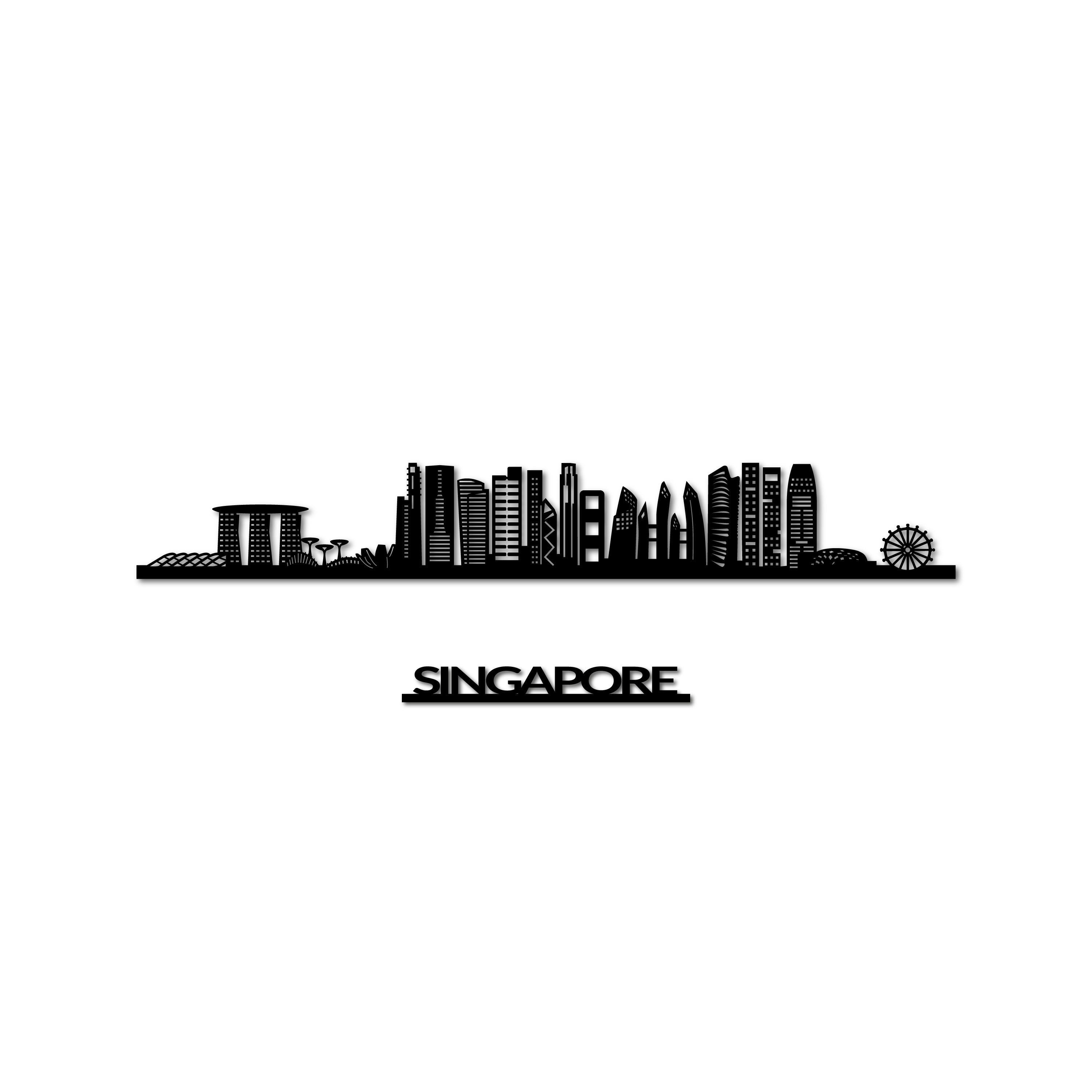 Singapore Skyline, Laser-cut in Matte Black Acrylic, with the City's Name Lettering Bellow, on a White Background