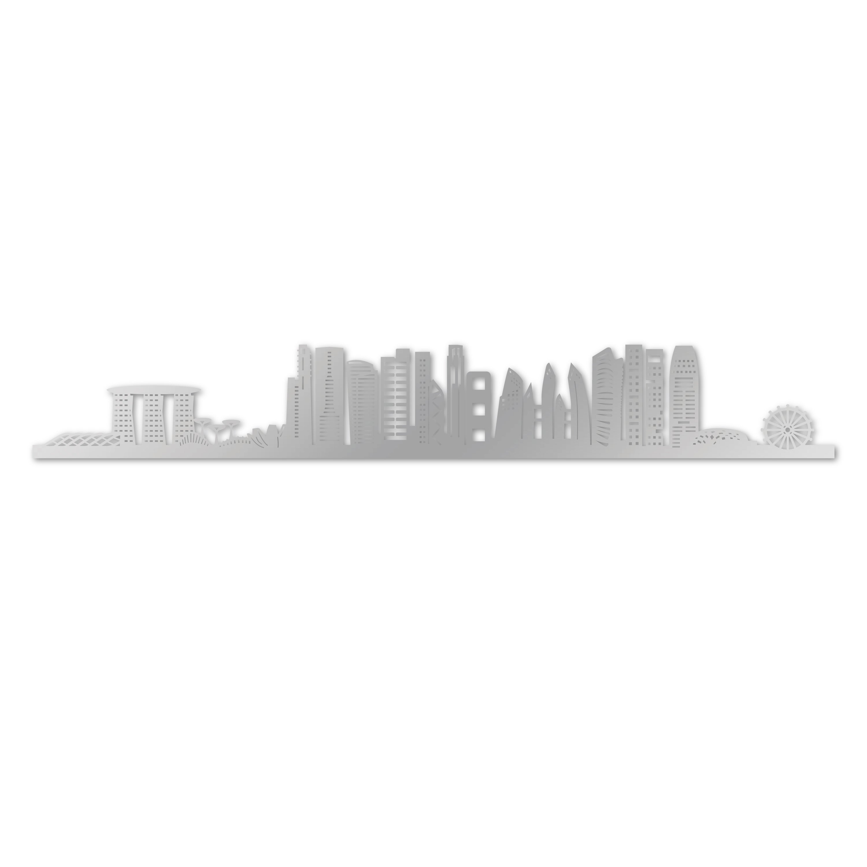 Singapore Skyline, Laser-cut in Silver Acrylic, on a White Background