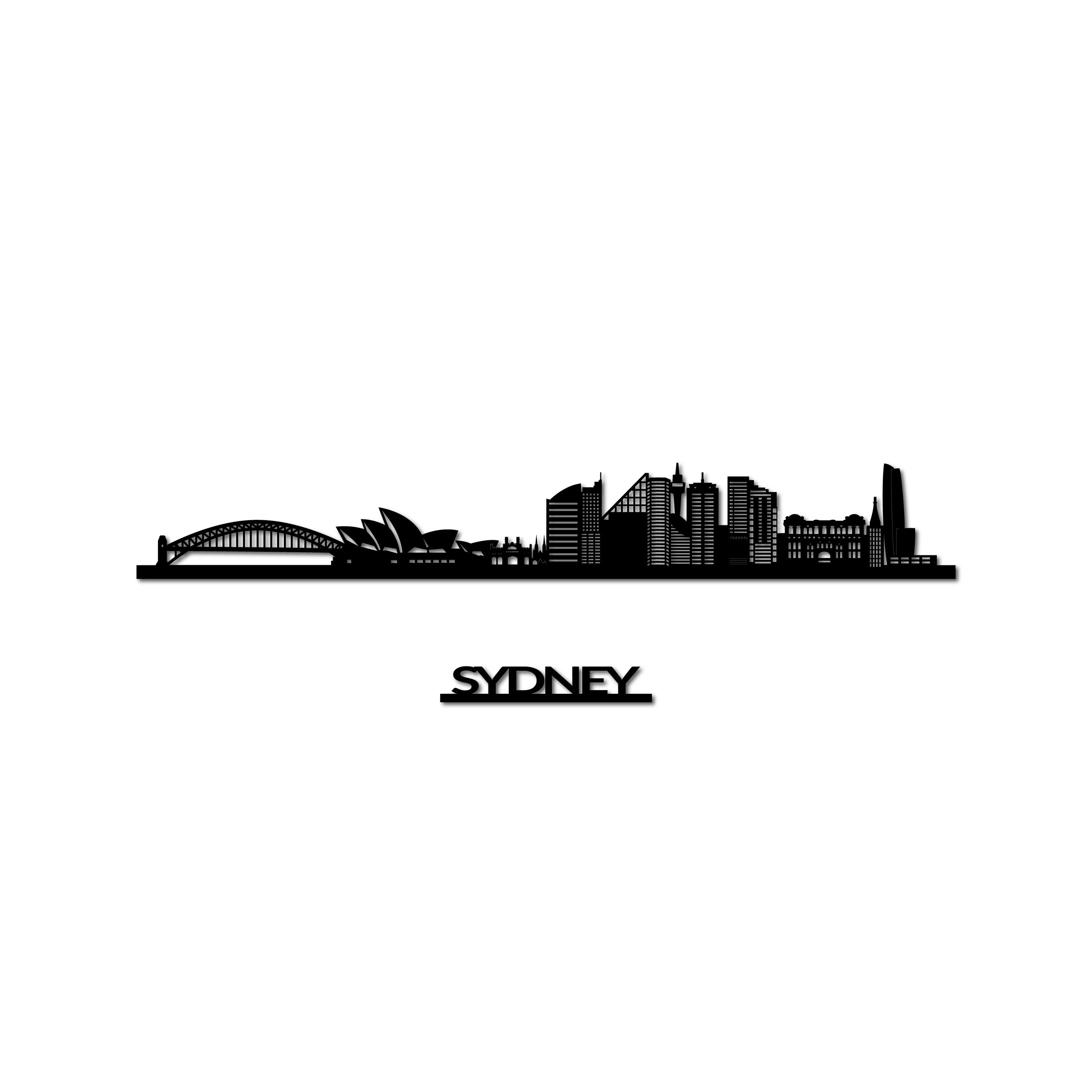 Sydney Skyline, Laser-cut in Matte Black Acrylic, with the City's Name Lettering Bellow, on a White Background