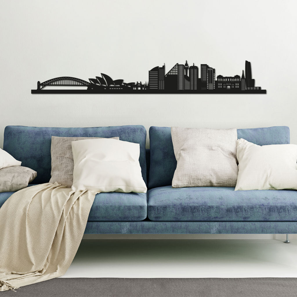 Sydney Skyline laser-cut in Matte Black reclycled acrylic on Seating Room's Wall