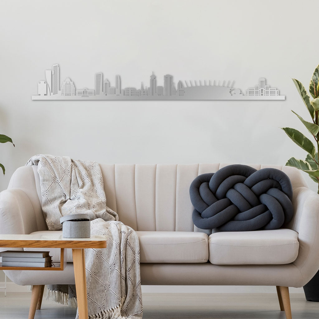 Vancouver Skyline laser-cut in Silver reclycled acrylic on Seating Room's Wall