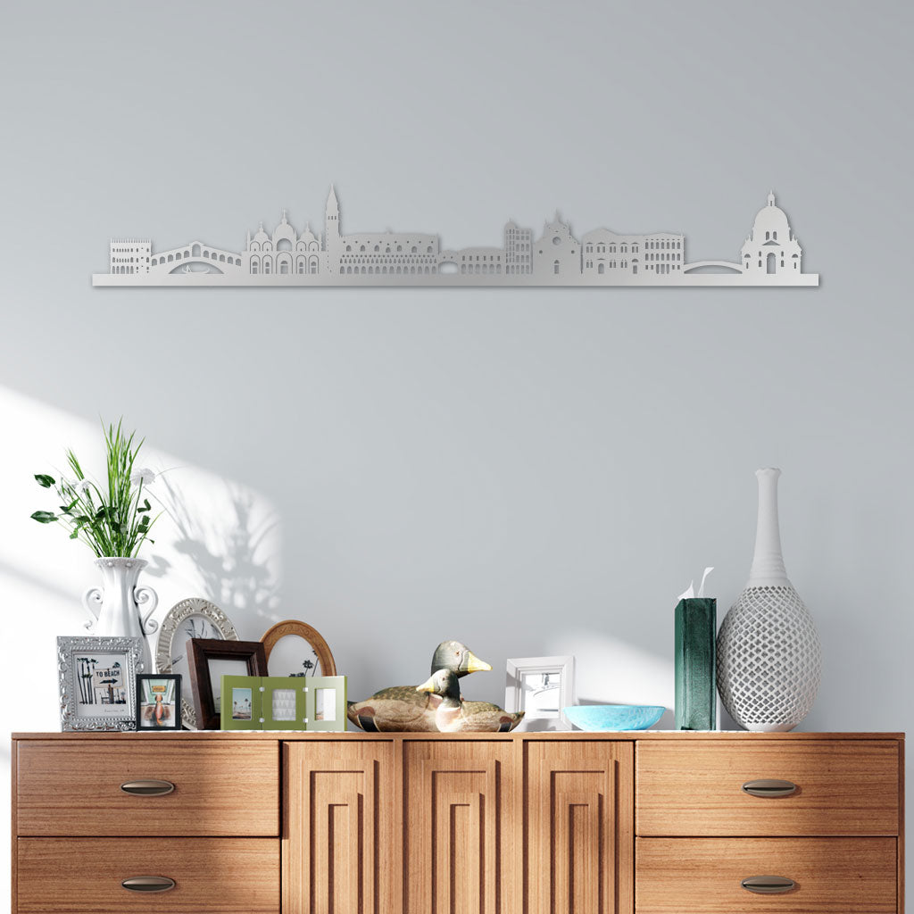 Venice Skyline laser-cut in Silver reclycled acrylic on Seating Room's Wall