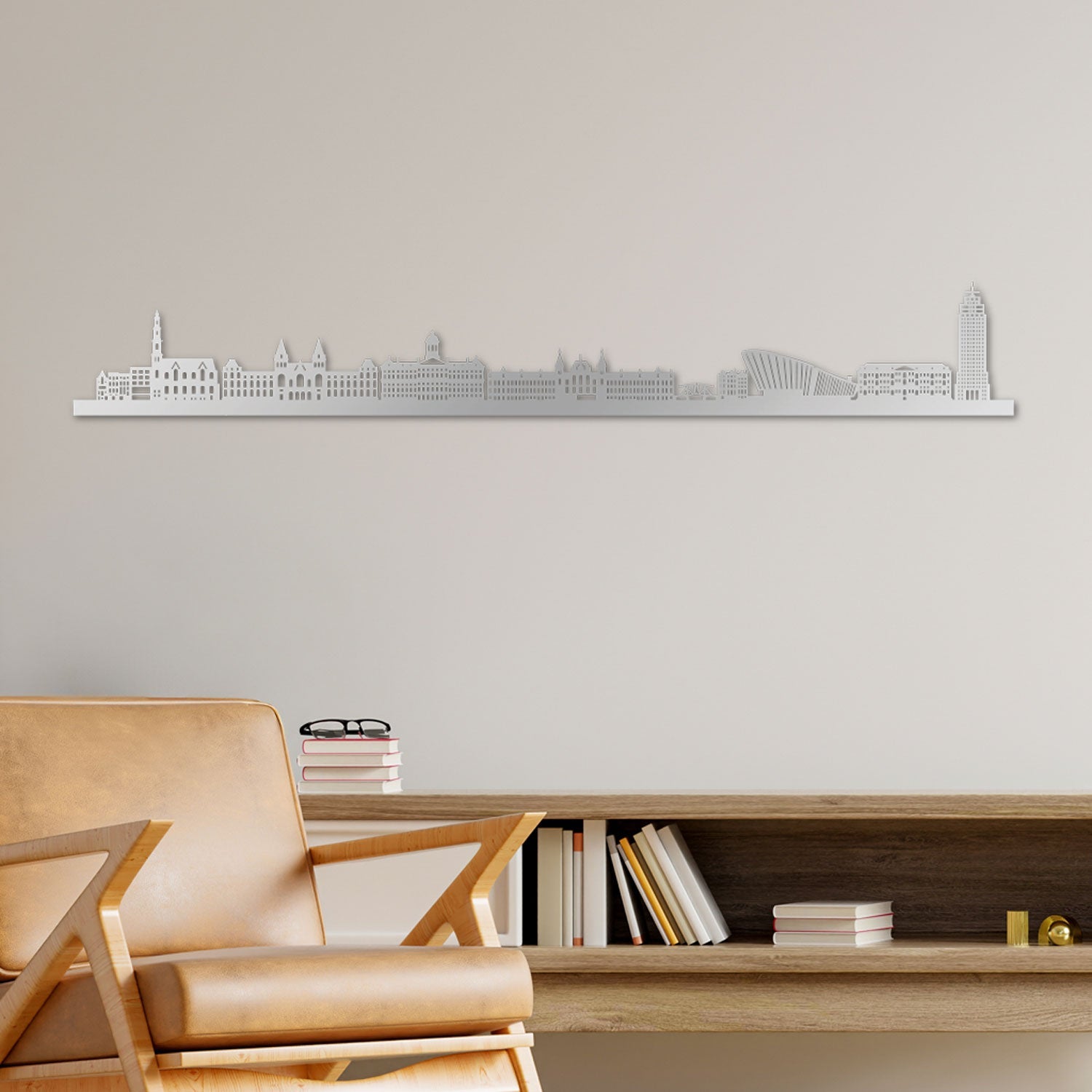 Amsterdam Skyline laser-cut in Silver reclycled acrylic on Seating Room's Wall