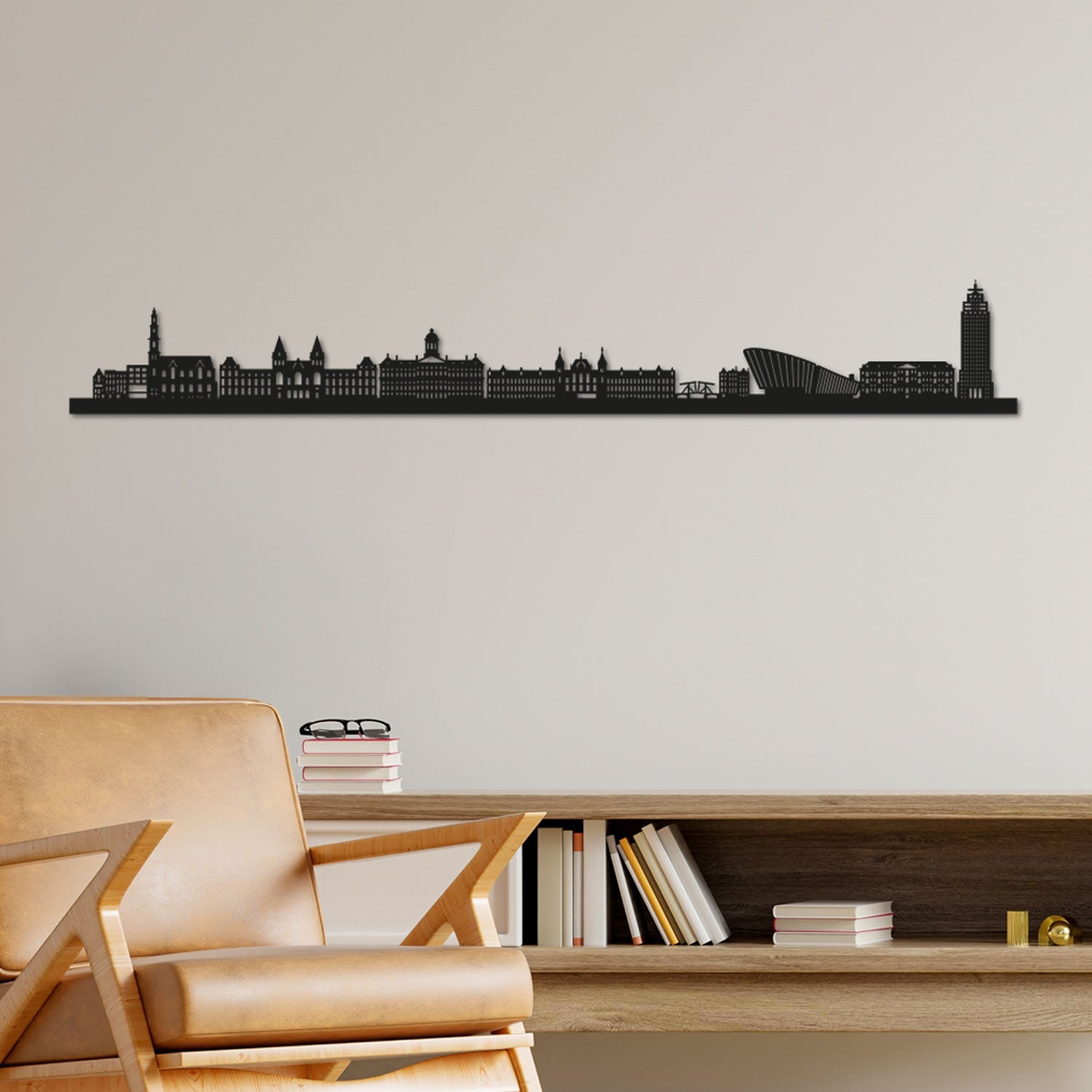 Amsterdam Skyline laser-cut in Matte Black reclycled acrylic on Seating Room's Wall