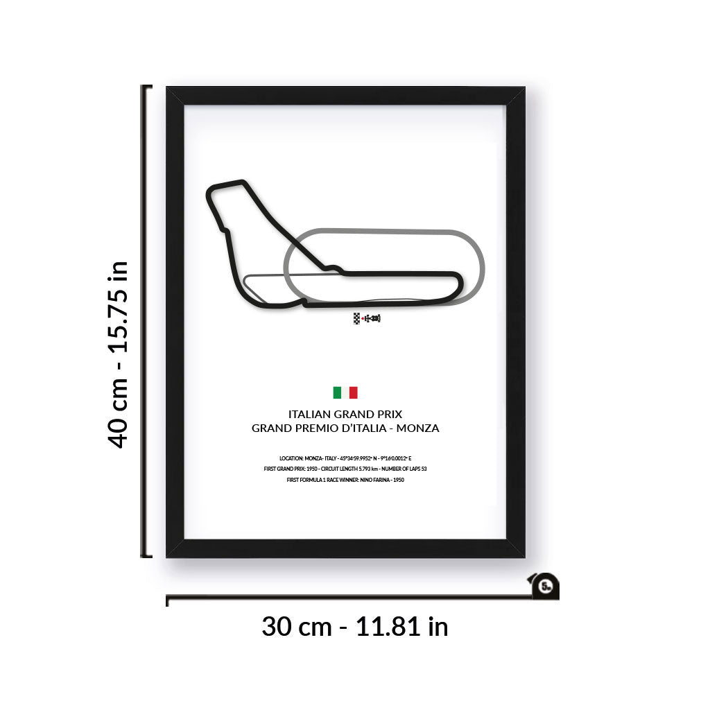 Monza Grand Prix wall art by Siluet light theme print with black frame on a white wall background with measurement details