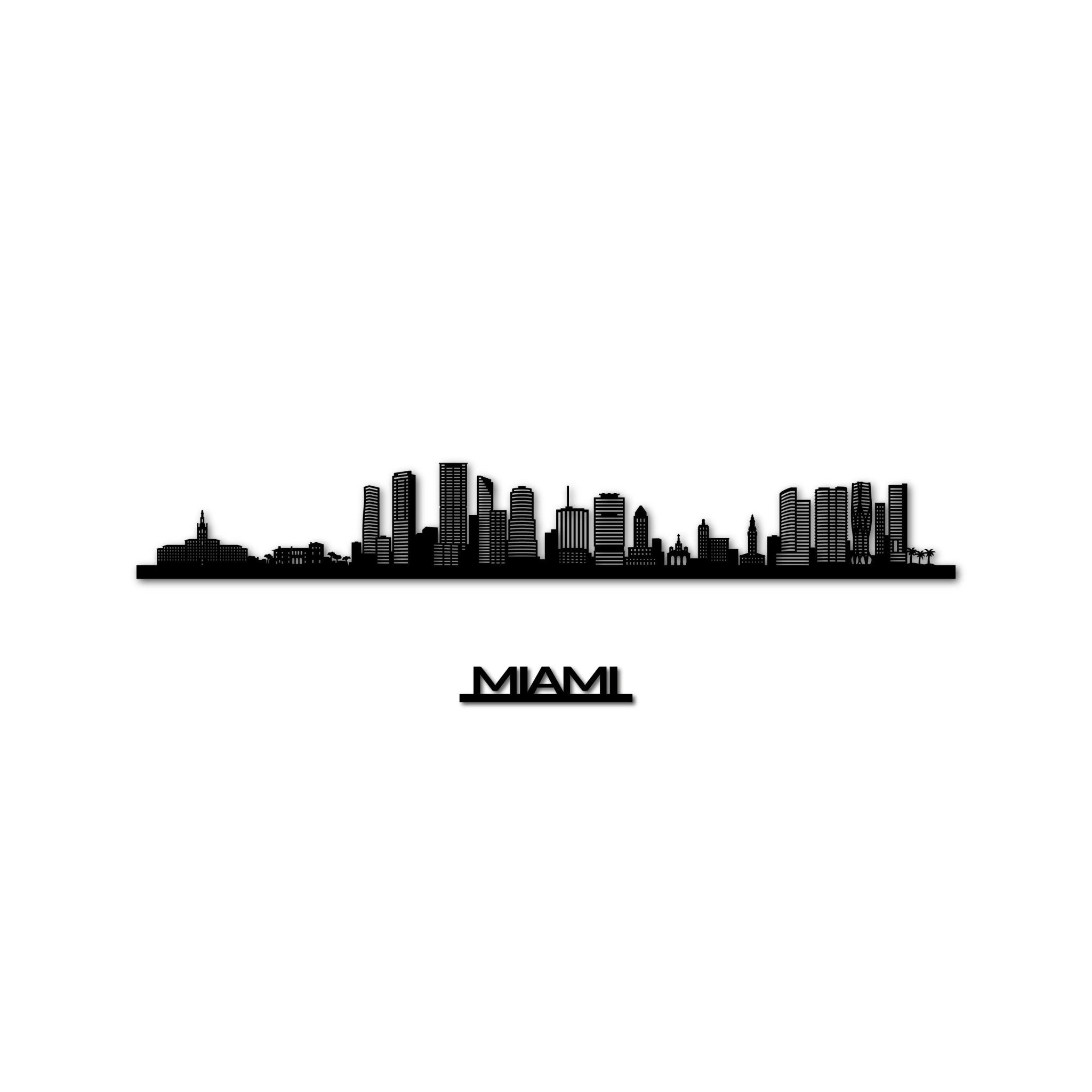 Miami Skyline, Laser-cut in Matte Black Acrylic, with the City's Name Lettering Bellow, on a White Background