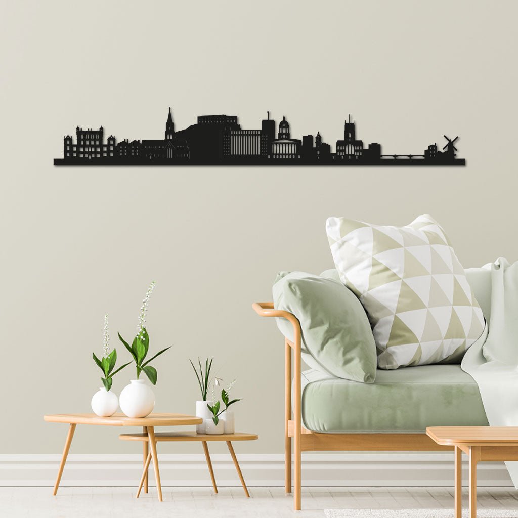 Nottingham Skyline laser-cut in Matte Black reclycled acrylic on Seating Room's Wall