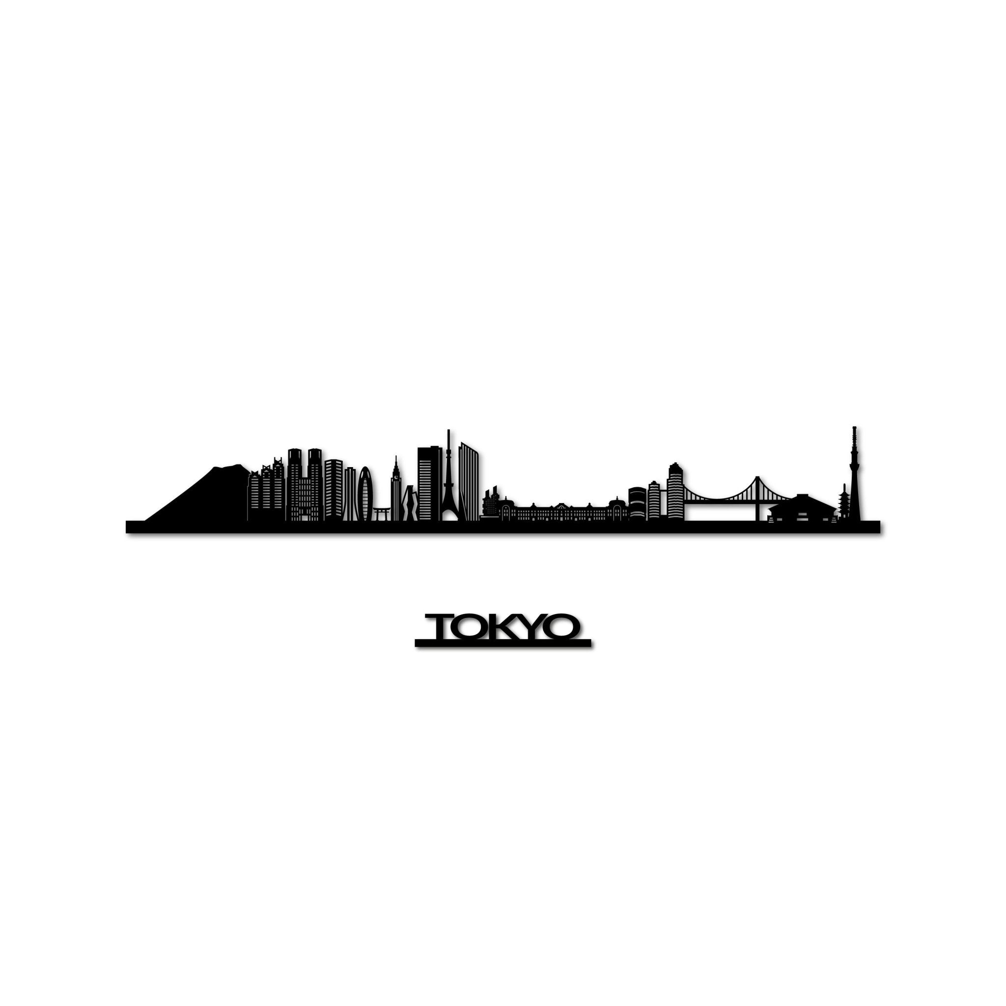Tokyo Skyline, Laser-cut in Matte Black Acrylic, with the City's Name Lettering Bellow, on a White Background
