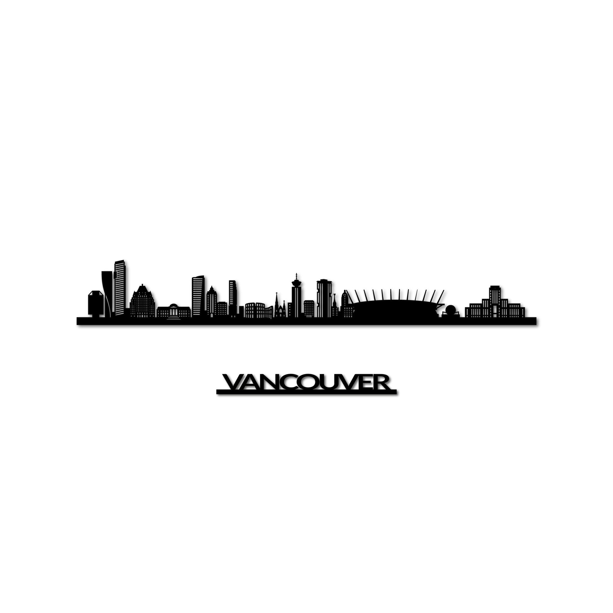 Vancouver Skyline, Laser-cut in Matte Black Acrylic, with the City's Name Lettering Bellow, on a White Background