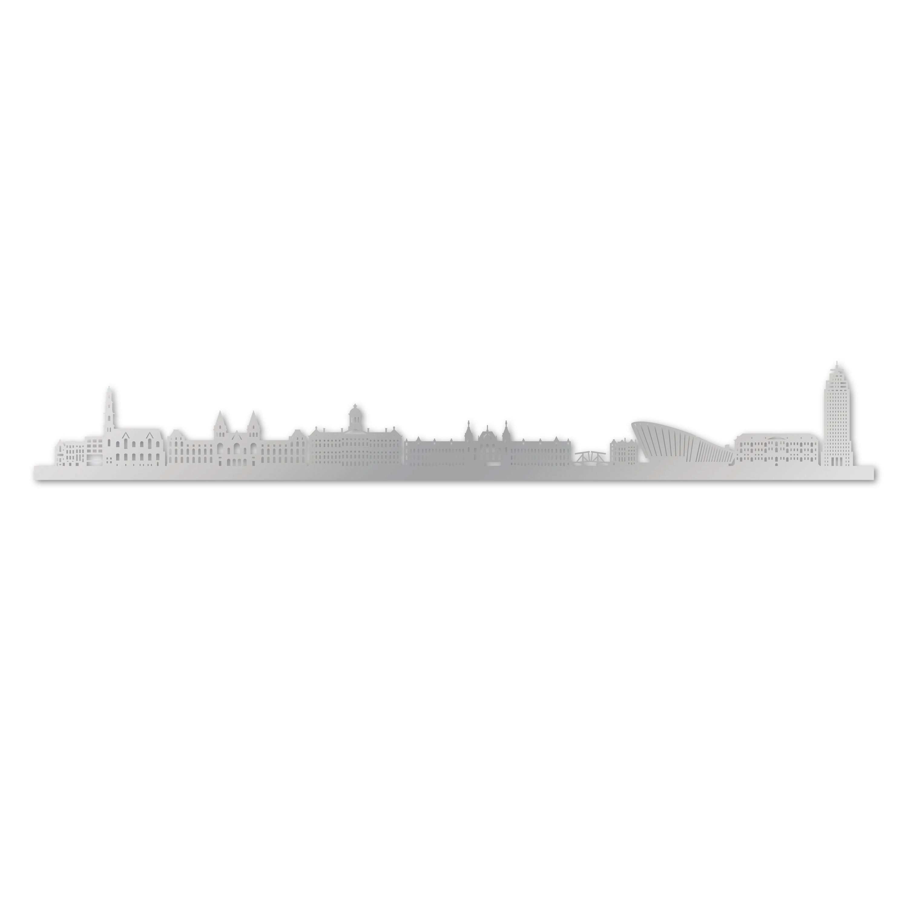 Amsterdam Skyline, Laser-cut in Silver Acrylic, on a White Background