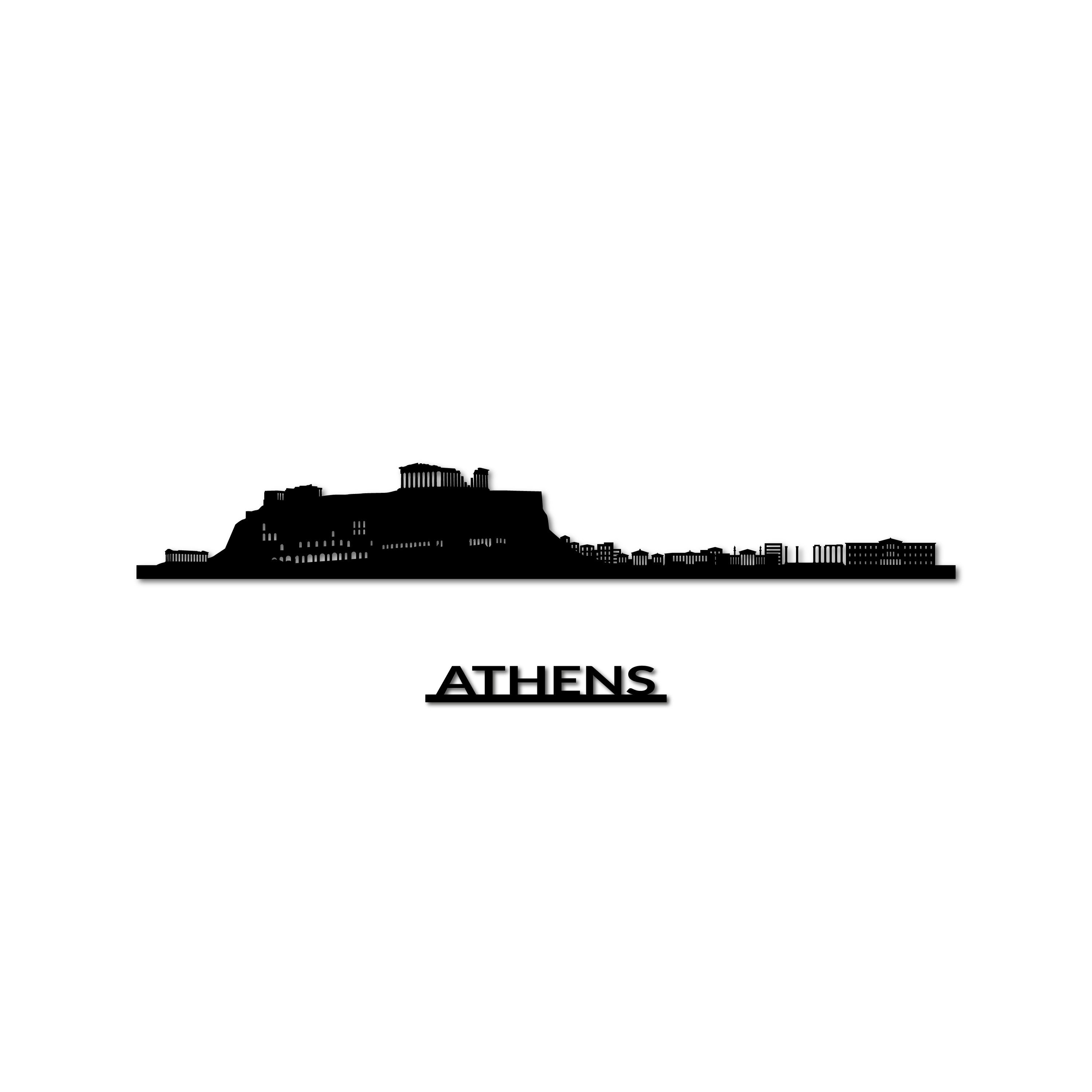 Athens Skyline, Laser-cut in Matte Black Acrylic, on a White Background
