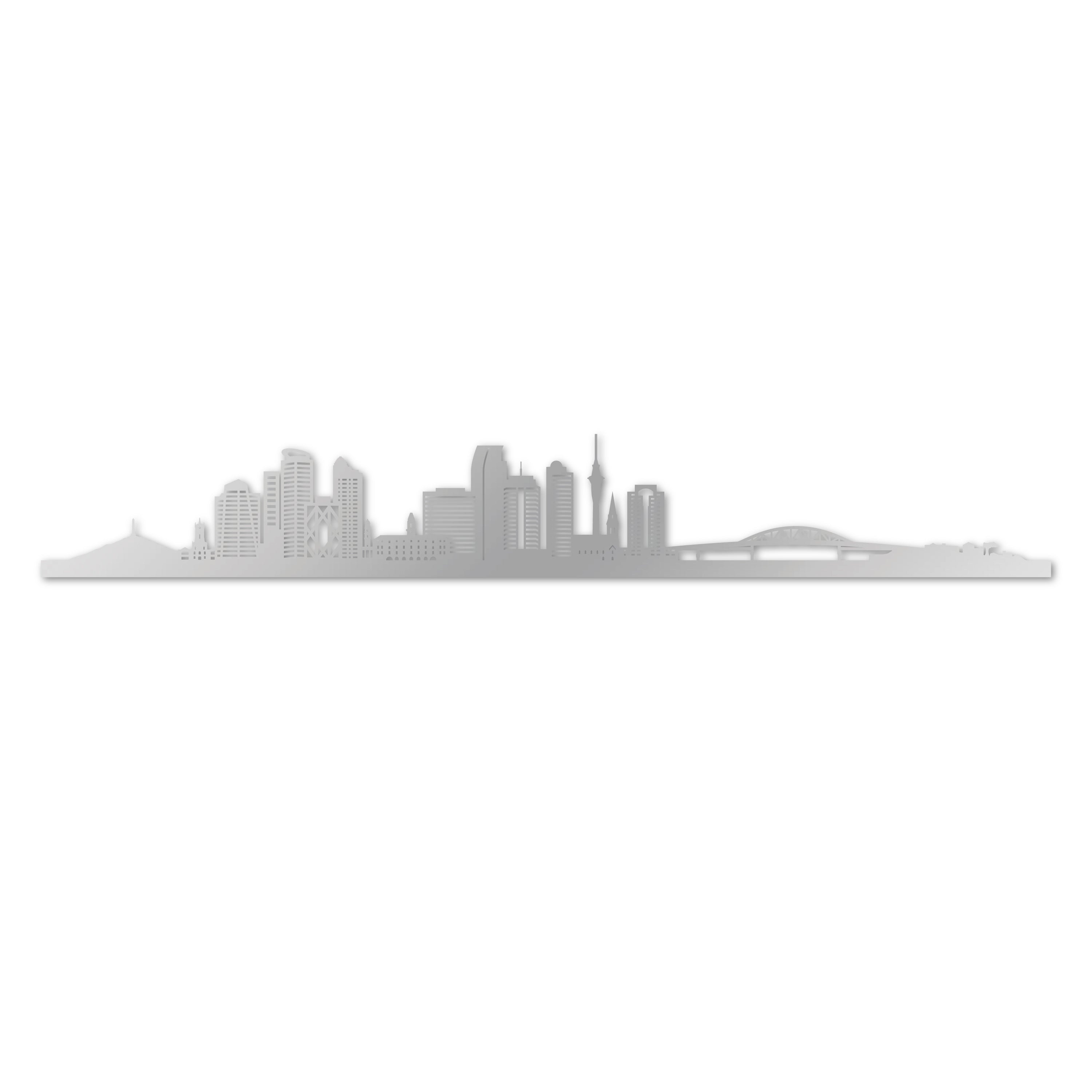 Auckland Skyline, Laser-cut in Silver Acrylic, on a White Background