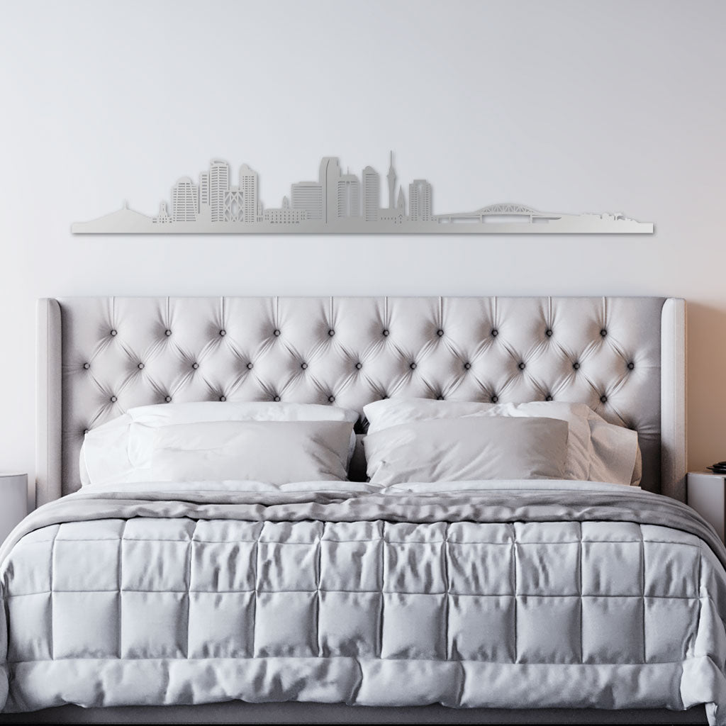 Auckland Skyline laser-cut in Silver reclycled acrylic on Seating Room's Wall