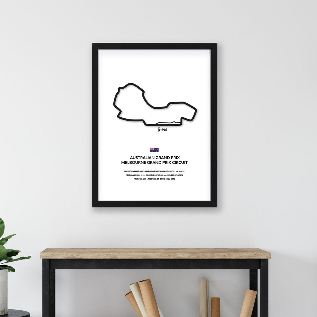 Australian Grand Prix wall art by Siluet on a white wall above a wooden credenza