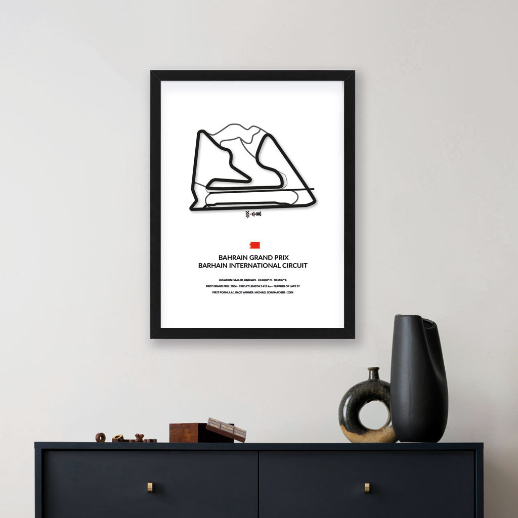 Bahrain Grand Prix wall art by Siluet on a white wall above a black credenza