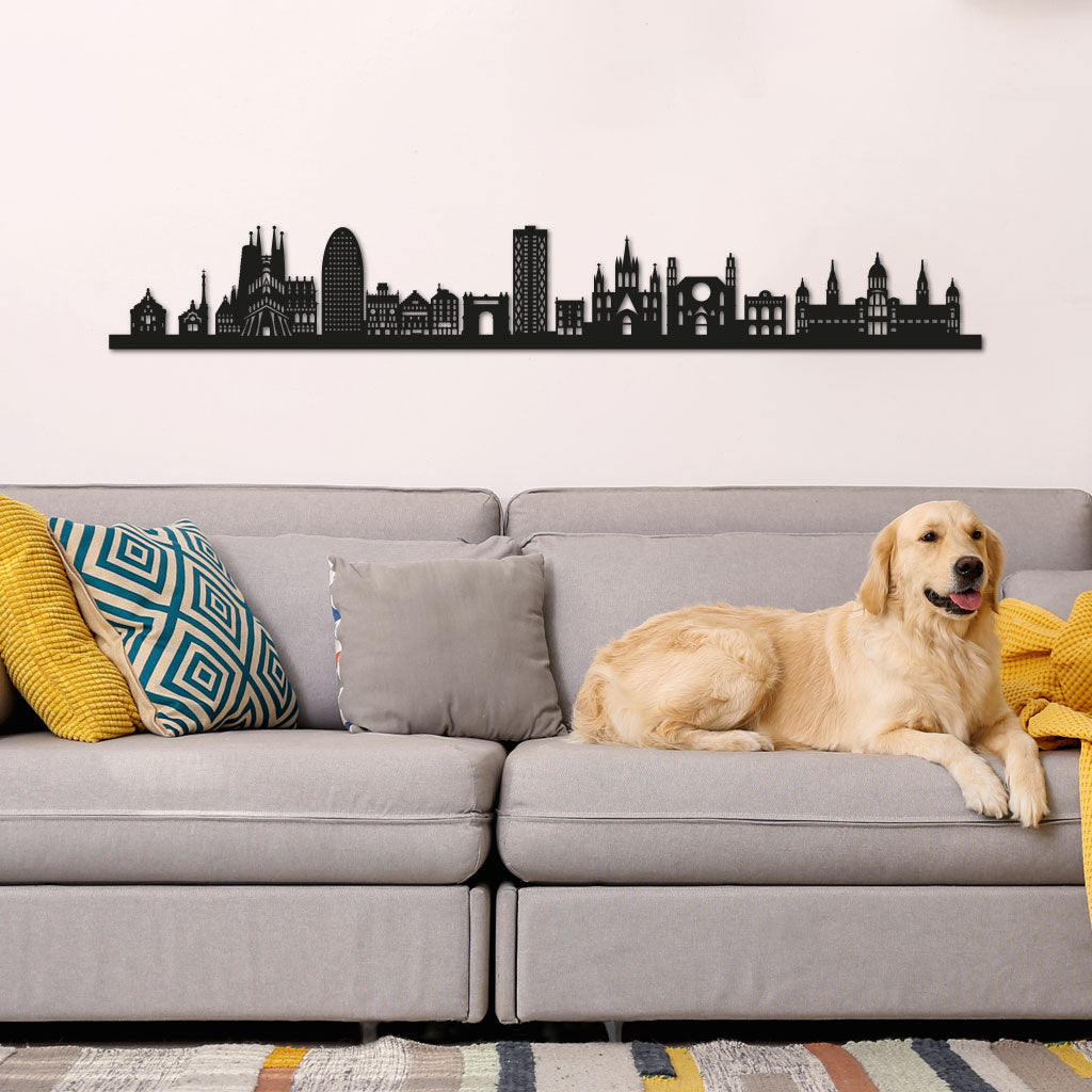 Barcelona Skyline laser-cut in Matte Black reclycled acrylic on Seating Room's Wall