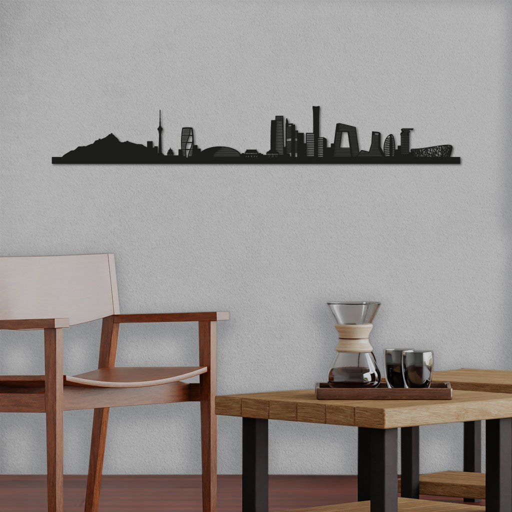 Beijing Skyline laser-cut in Matte Black reclycled acrylic on Seating Room's Wall