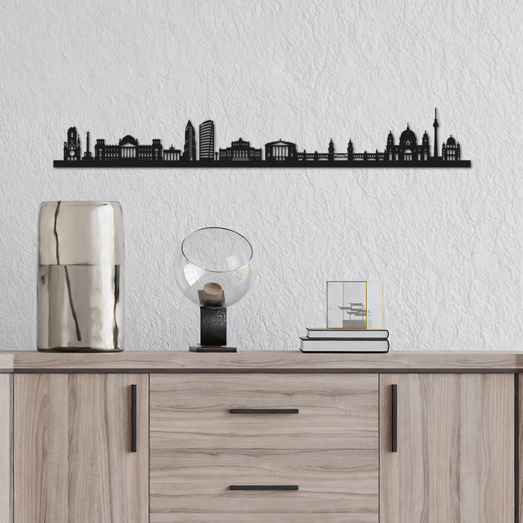 Berlin Skyline laser-cut in Matte Black reclycled acrylic on Seating Room's Wall