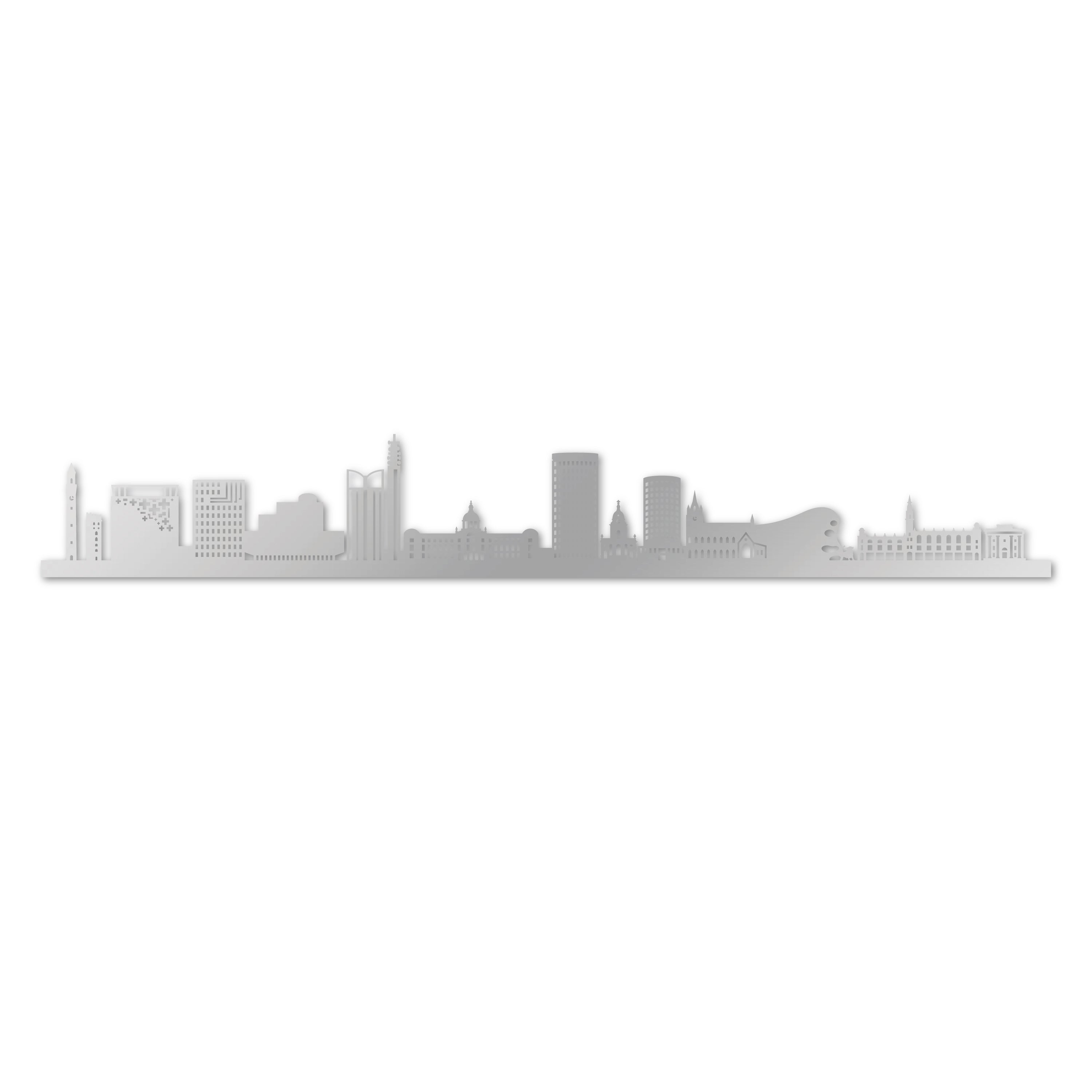 Birmingham Skyline, Laser-cut in Silver Acrylic, on a White Background