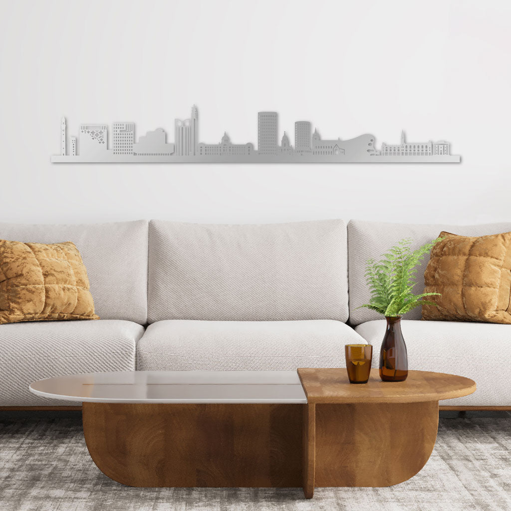 Birmingham Skyline laser-cut in Silver reclycled acrylic on Seating Room's Wall