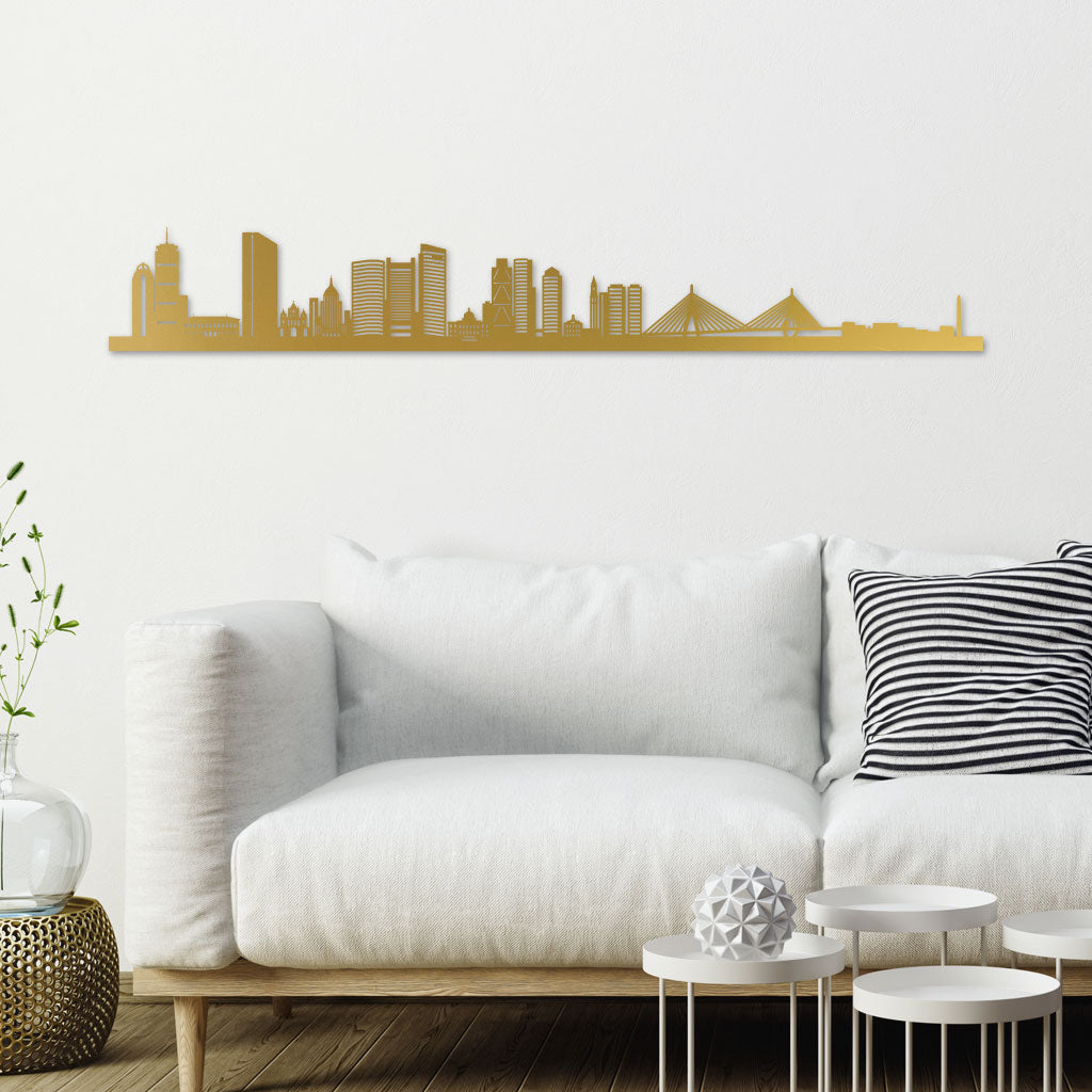 Boston Skyline Gold In Livingroom White Wall And White Sofa