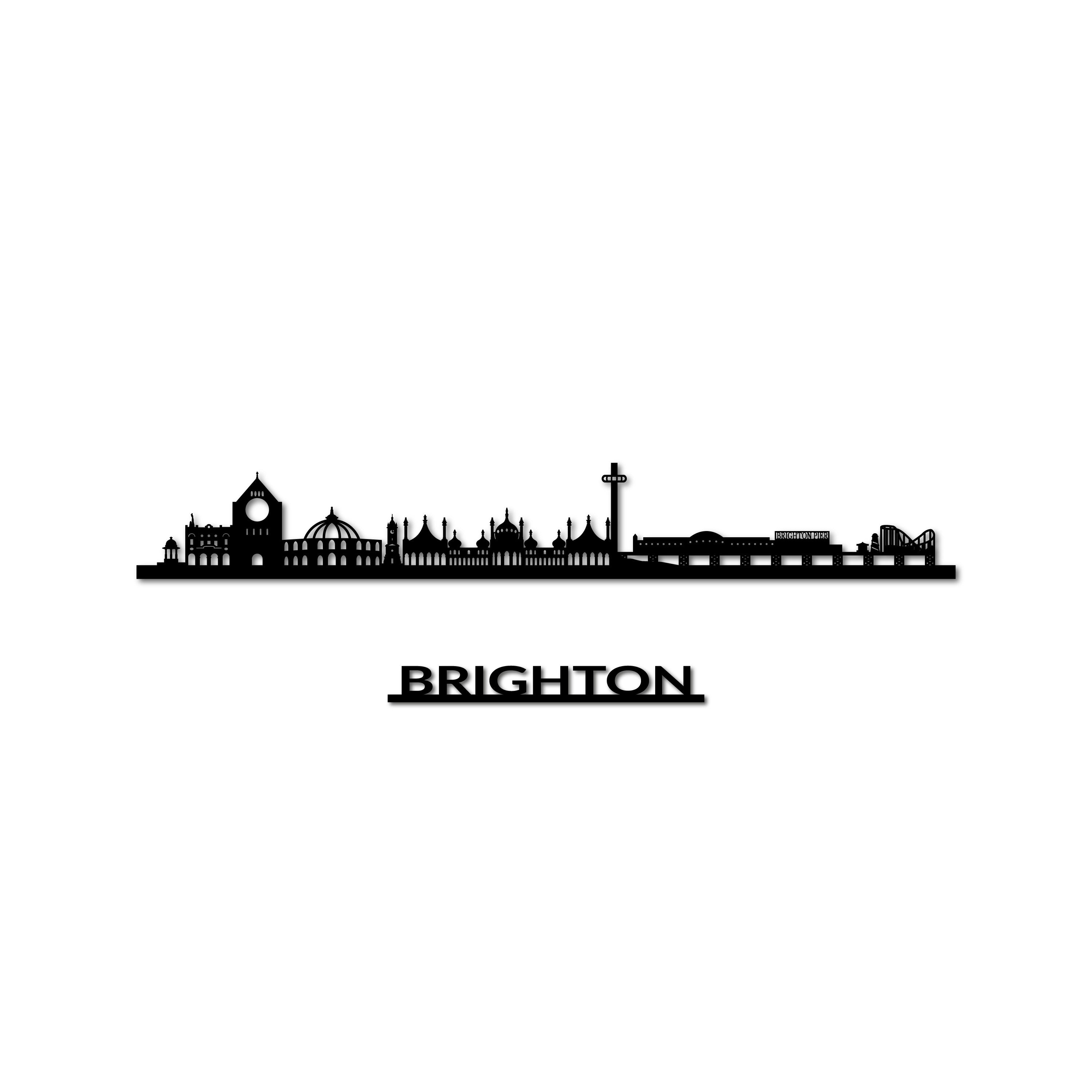 Brighton and Hove Skyline, Laser-cut in Matte Black Acrylic, with the City's Name Lettering Bellow, on a White Background