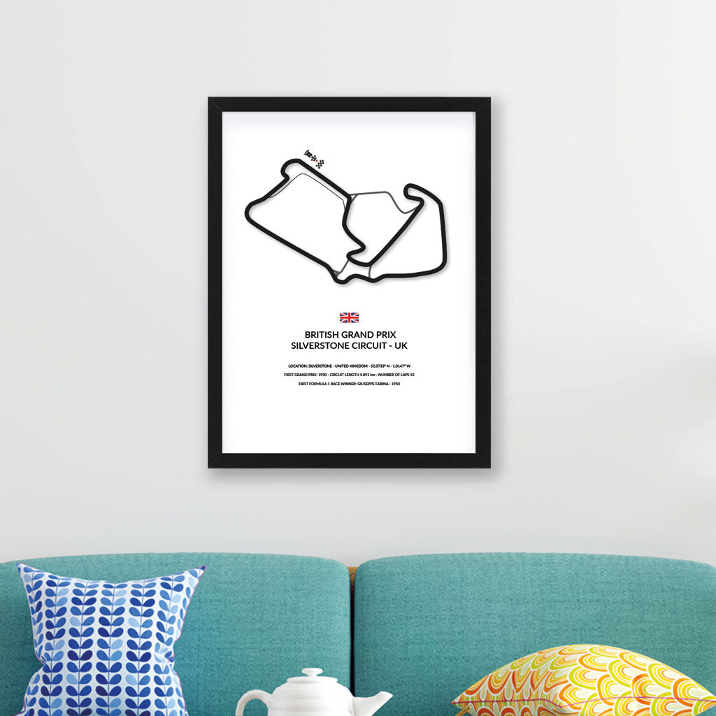 British Grand Prix wall art by Siluet on a white wall above teal sofa