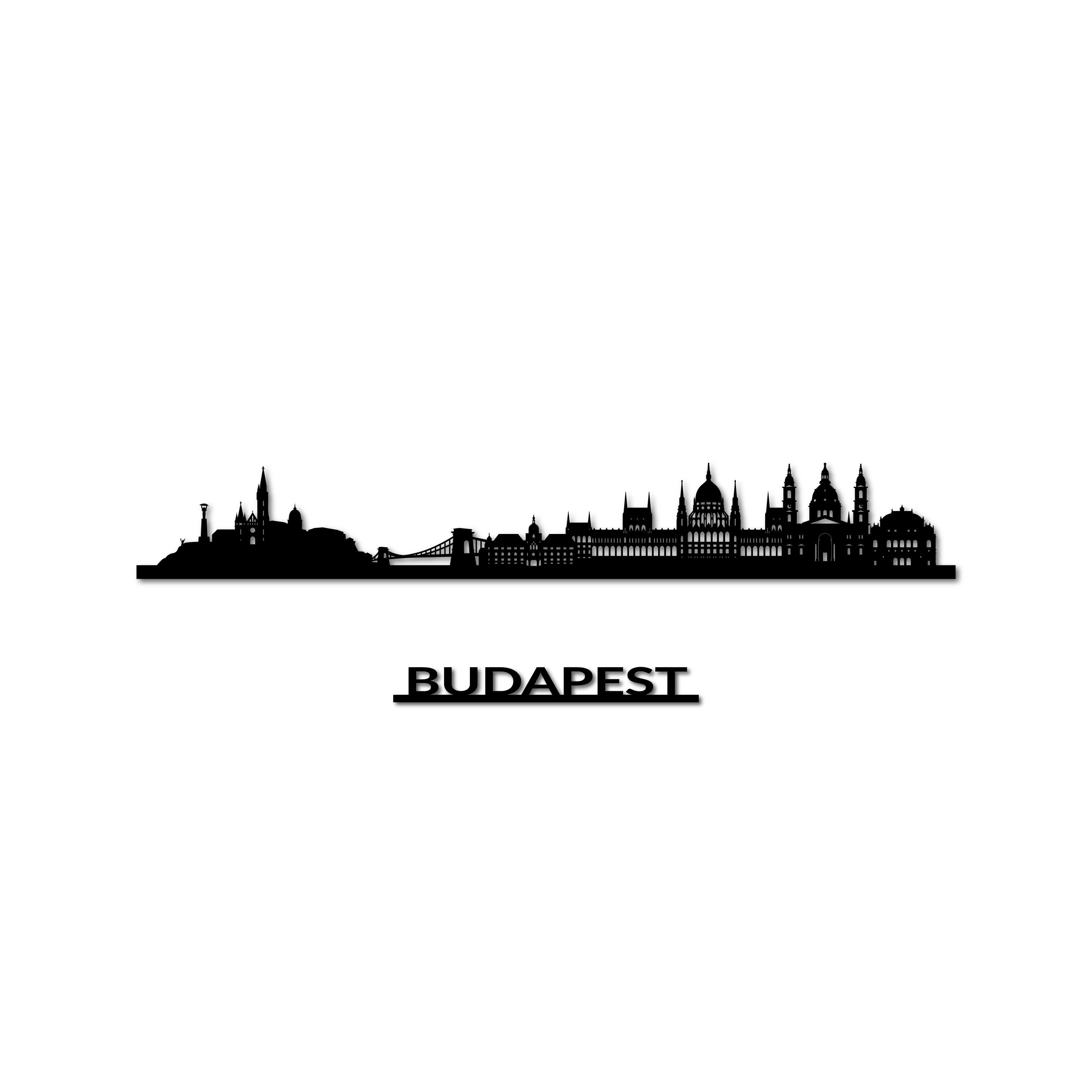 Budapest Skyline, Laser-cut in Matte Black Acrylic, with the City's Name Lettering Bellow, on a White Background