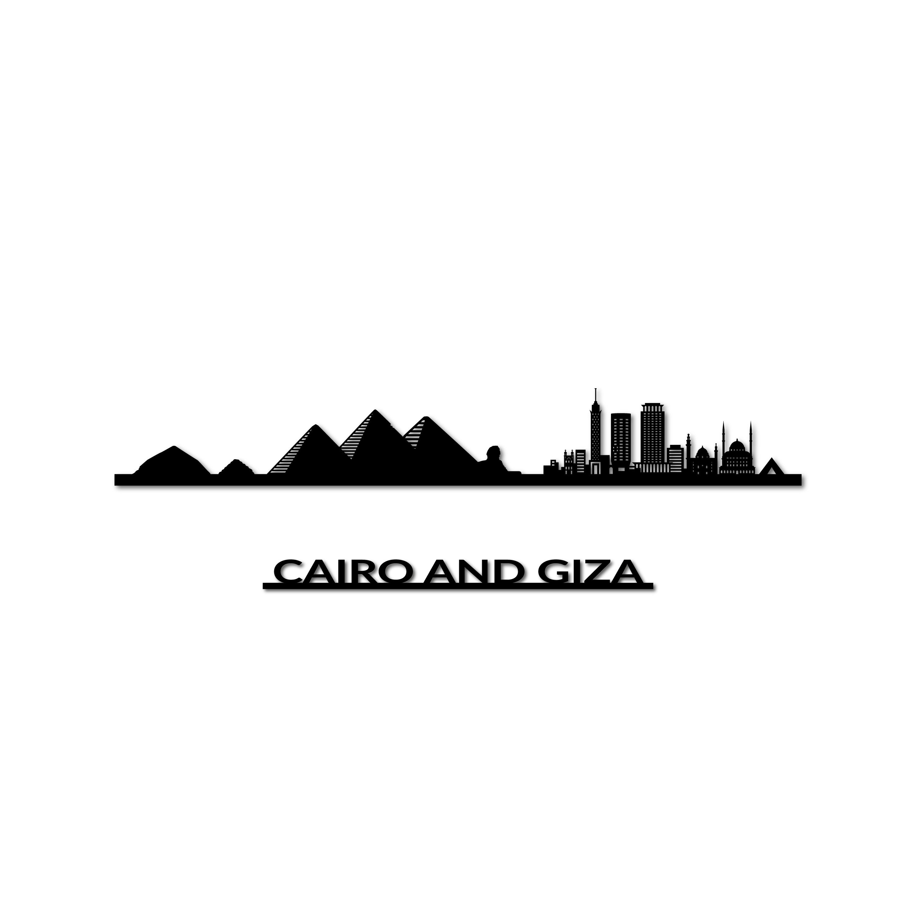 Cairo and Giza Skyline, Laser-cut in Matte Black Acrylic, with the City's Name Lettering Bellow, on a White Background
