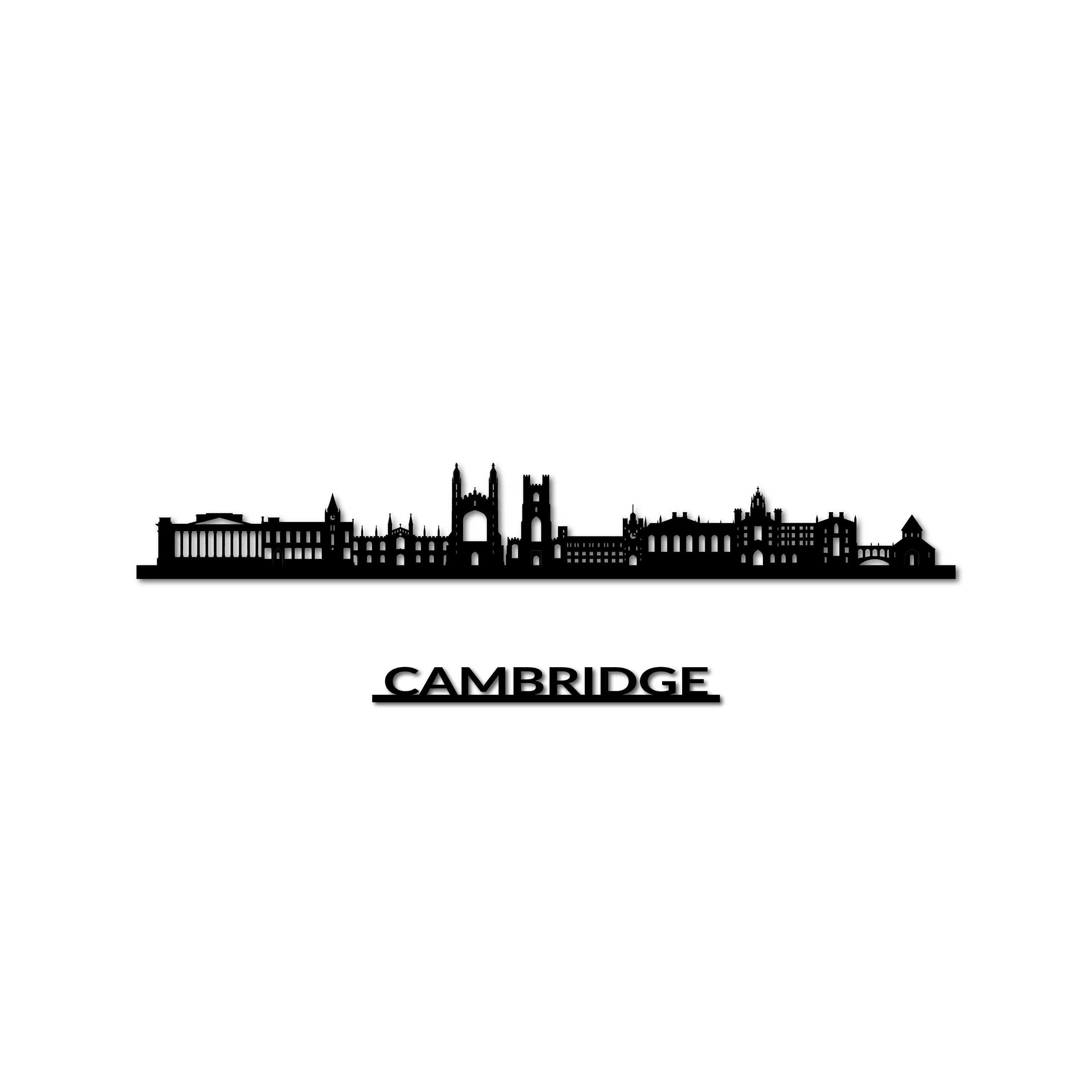 Cambridge Skyline, Laser-cut in Matte Black Acrylic, with the City's Name Lettering Bellow, on a White Background
