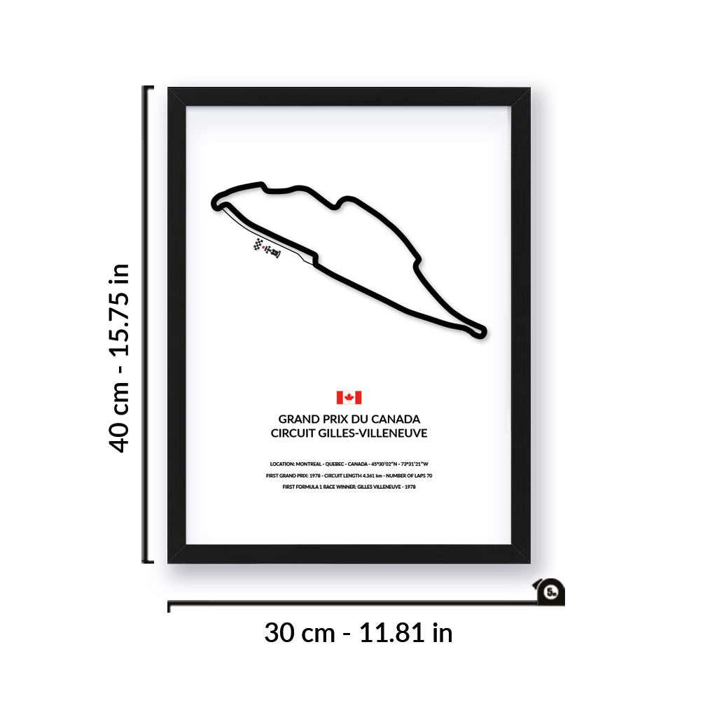 Gilles Villeneuve Grand Prix wall art by Siluet light theme print with black frame on a white wall background with measurement details