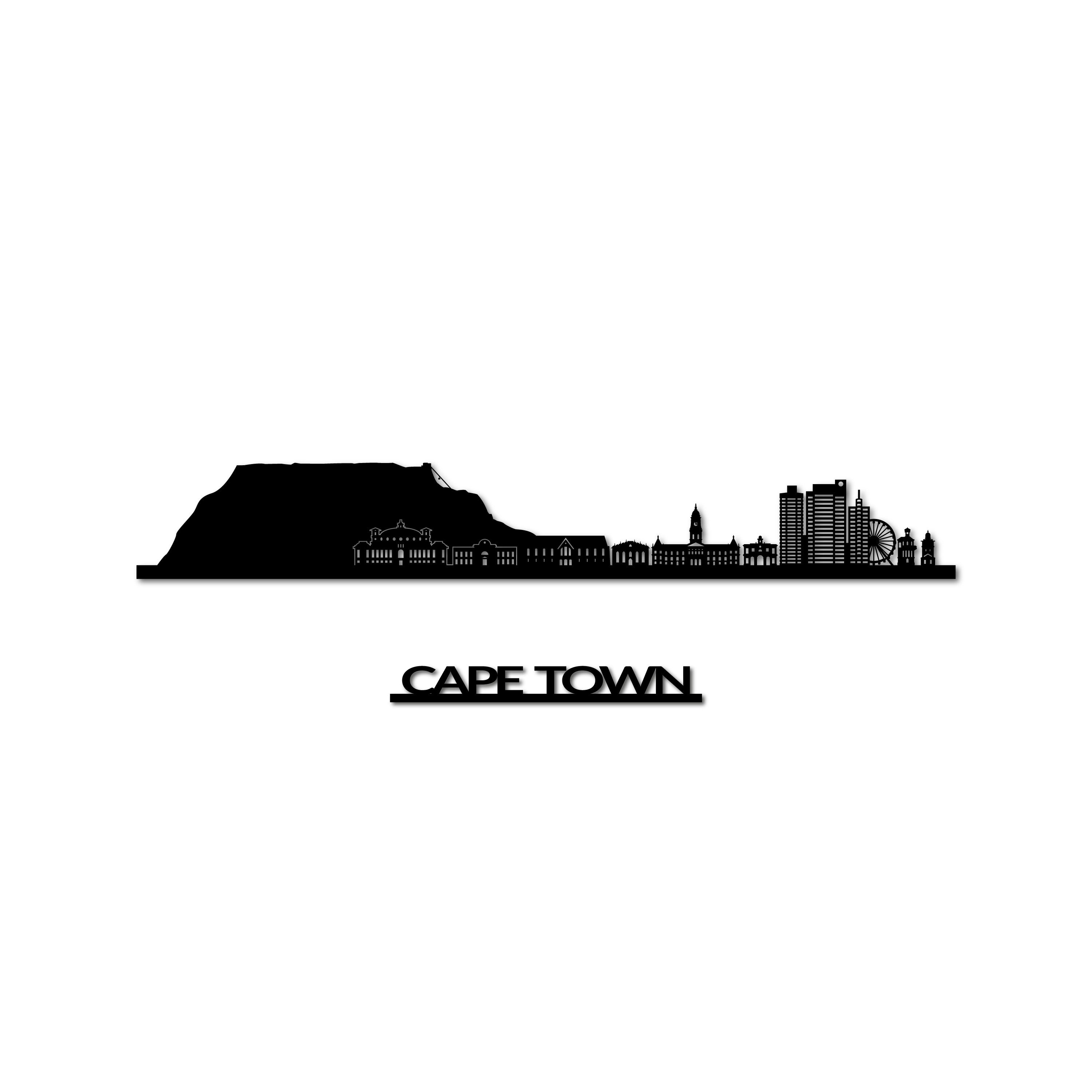 Cape Town Skyline, Laser-cut in Matte Black Acrylic, with the City's Name Lettering Bellow, on a White Background