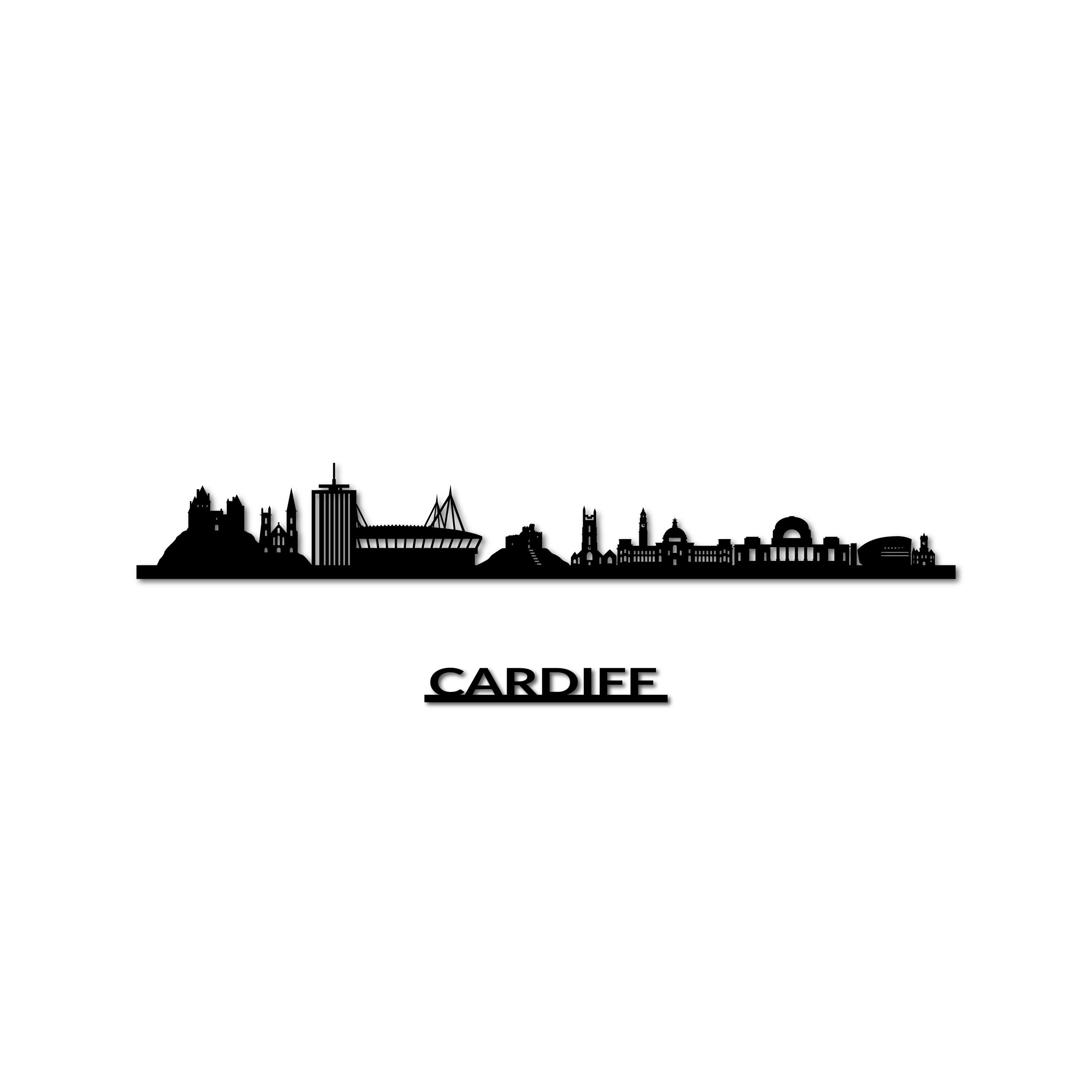 Cardiff Skyline, Laser-cut in Matte Black Acrylic, with the City's Name Lettering Bellow, on a White Background