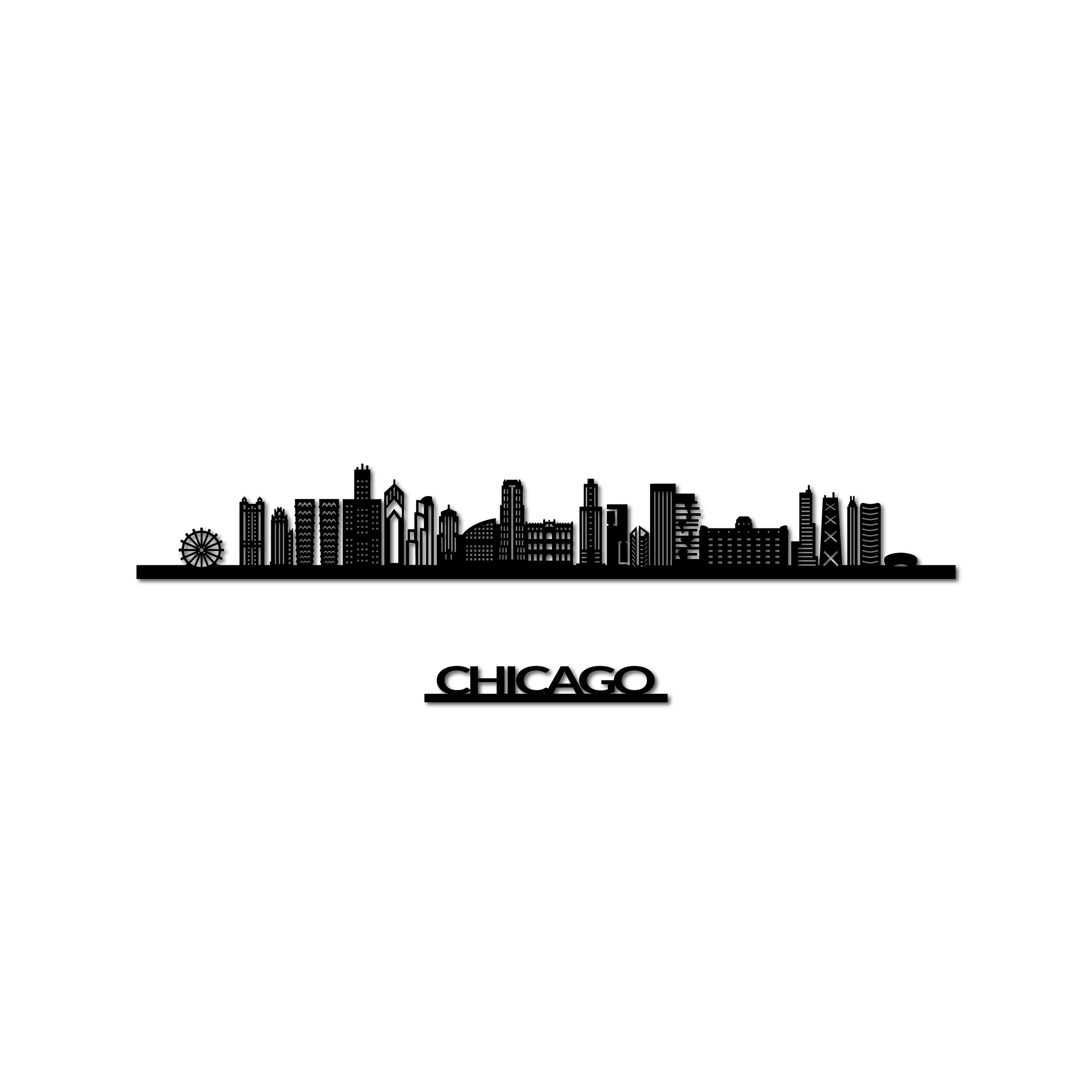 Chicago Skyline, Laser-cut in Matte Black Acrylic, with the City's Name Lettering Bellow, on a White Background