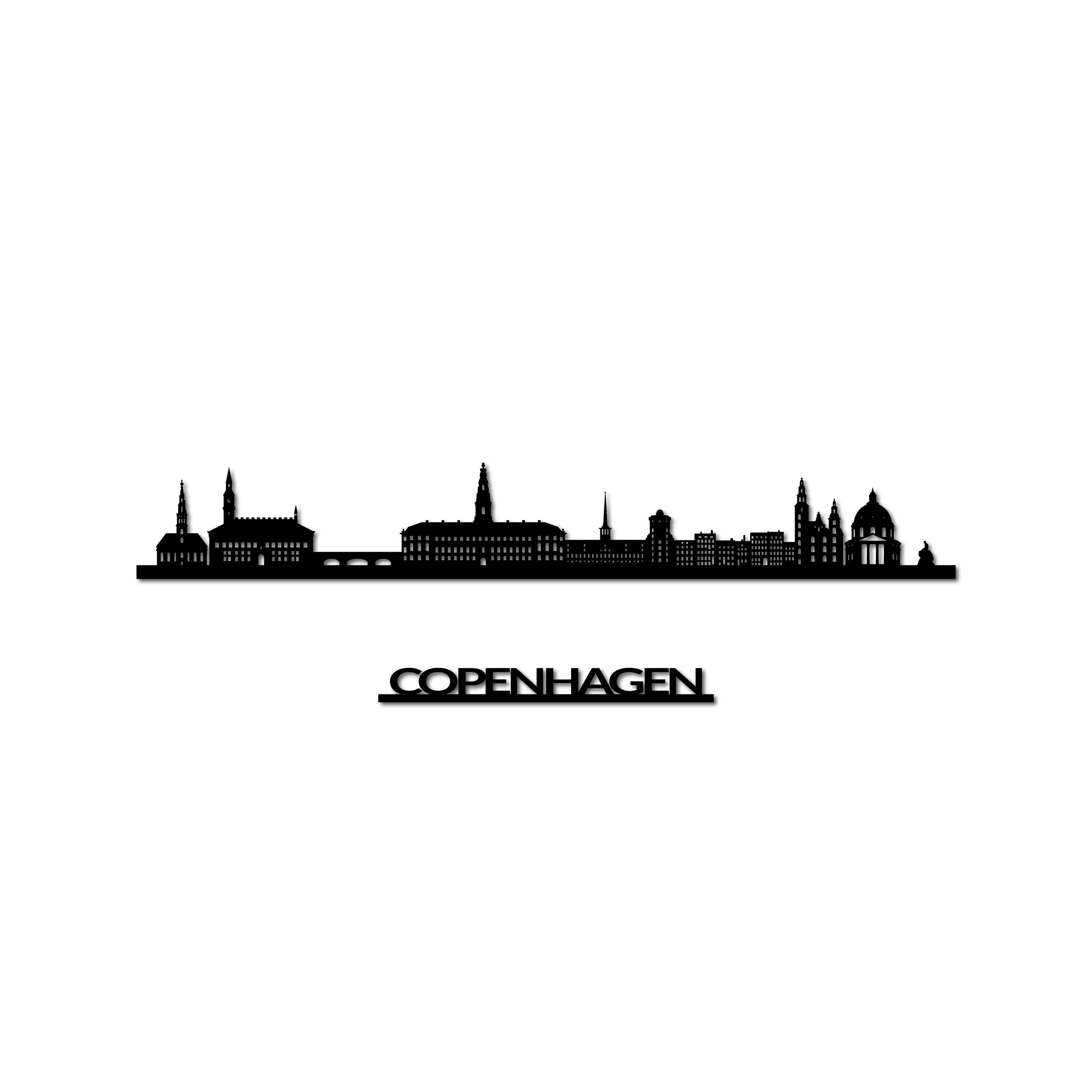 Copenhagen Skyline, Laser-cut in Matte Black Acrylic, with the City's Name Lettering Bellow, on a White Background