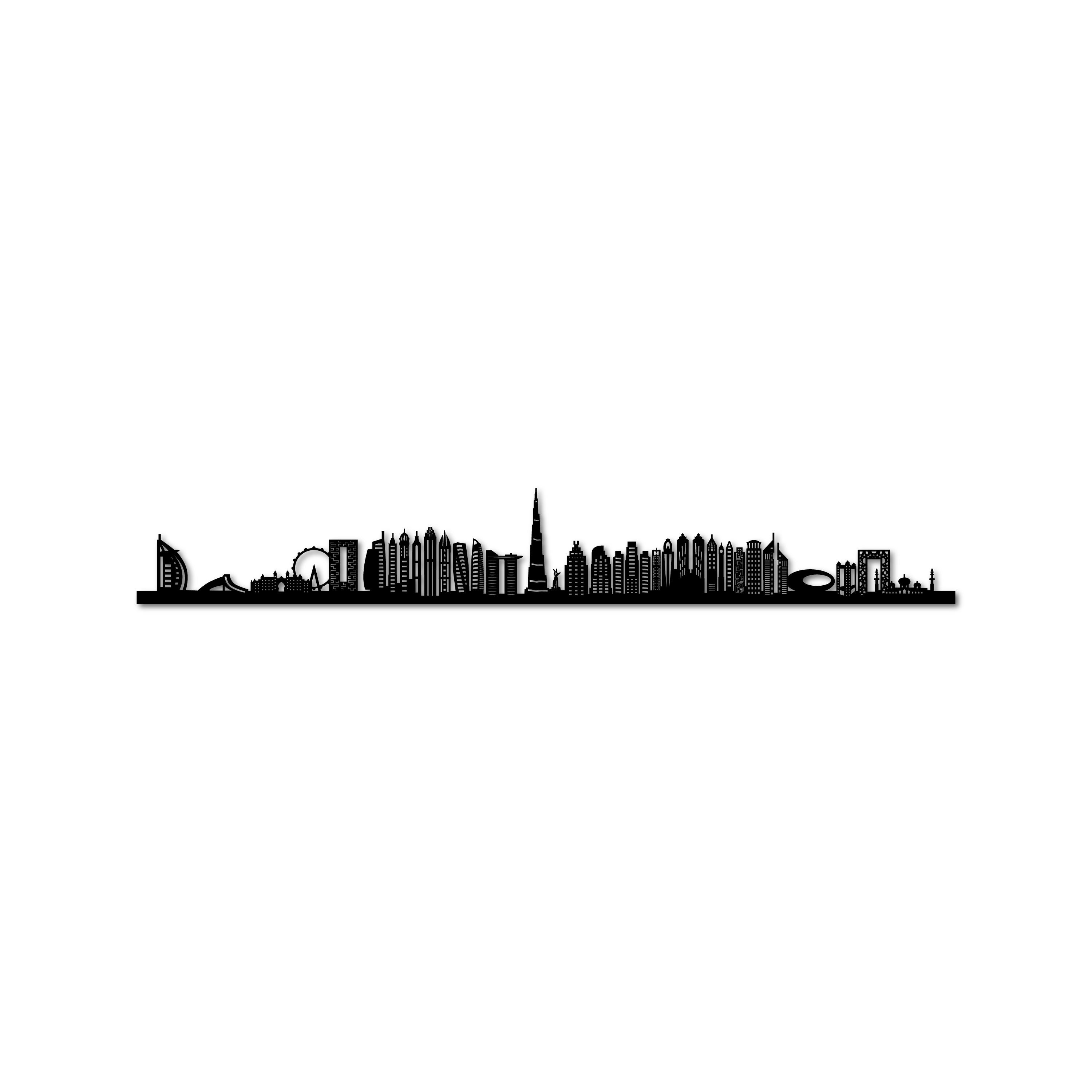 Dubai Skyline, Laser-cut in Matte Black Acrylic, on a White Background