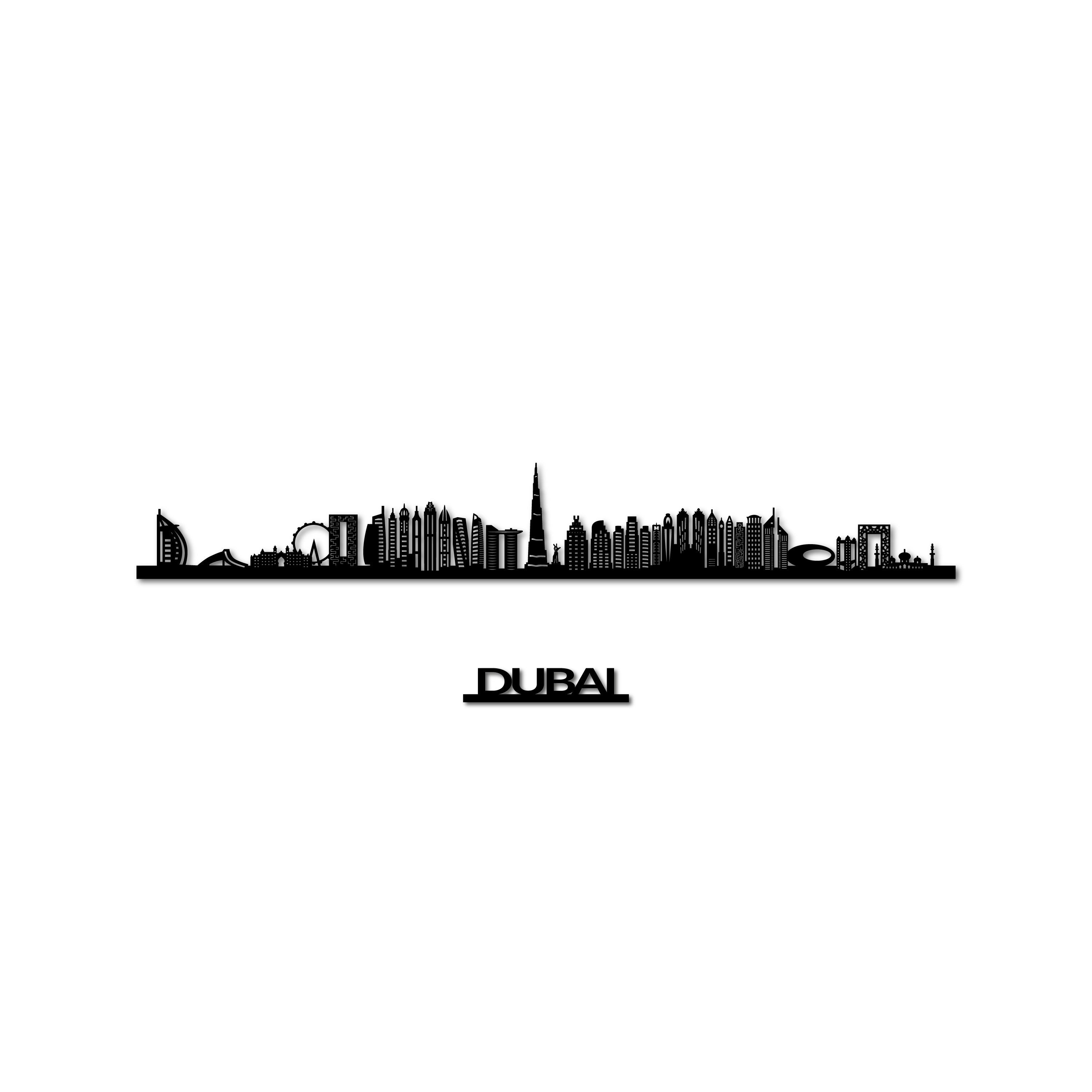 Dubai Skyline, Laser-cut in Matte Black Acrylic, with the City's Name Lettering Bellow, on a White Background